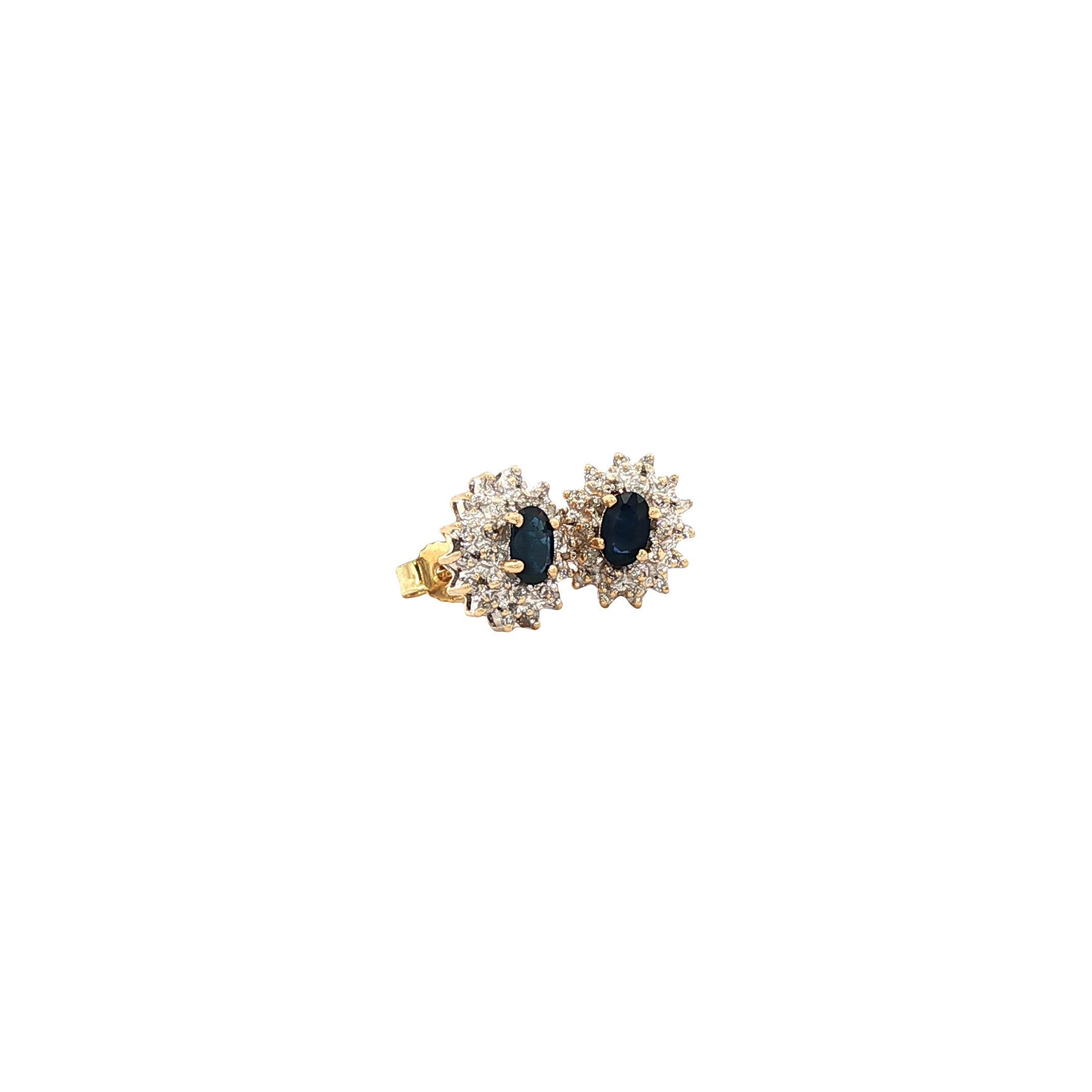 Gold stud earrings with sapphire and diamond, 14 kt