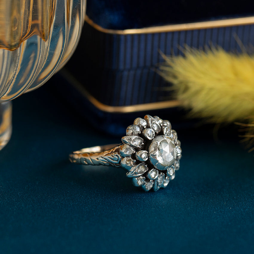 Gouden vintage entourage ring met roosdiamant 14 kt/925