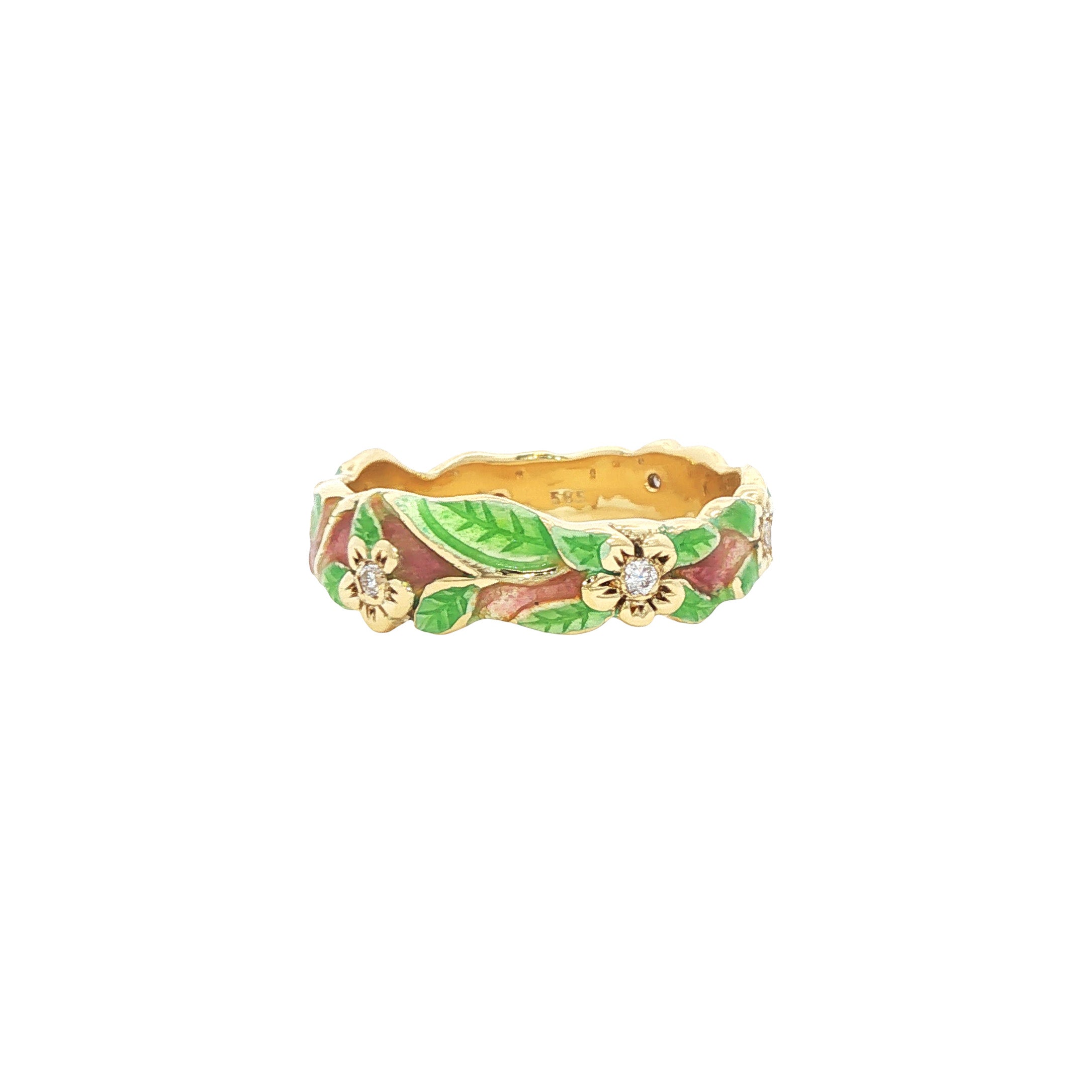 Gouden vintage ring met emaille en diamant 14 kt
