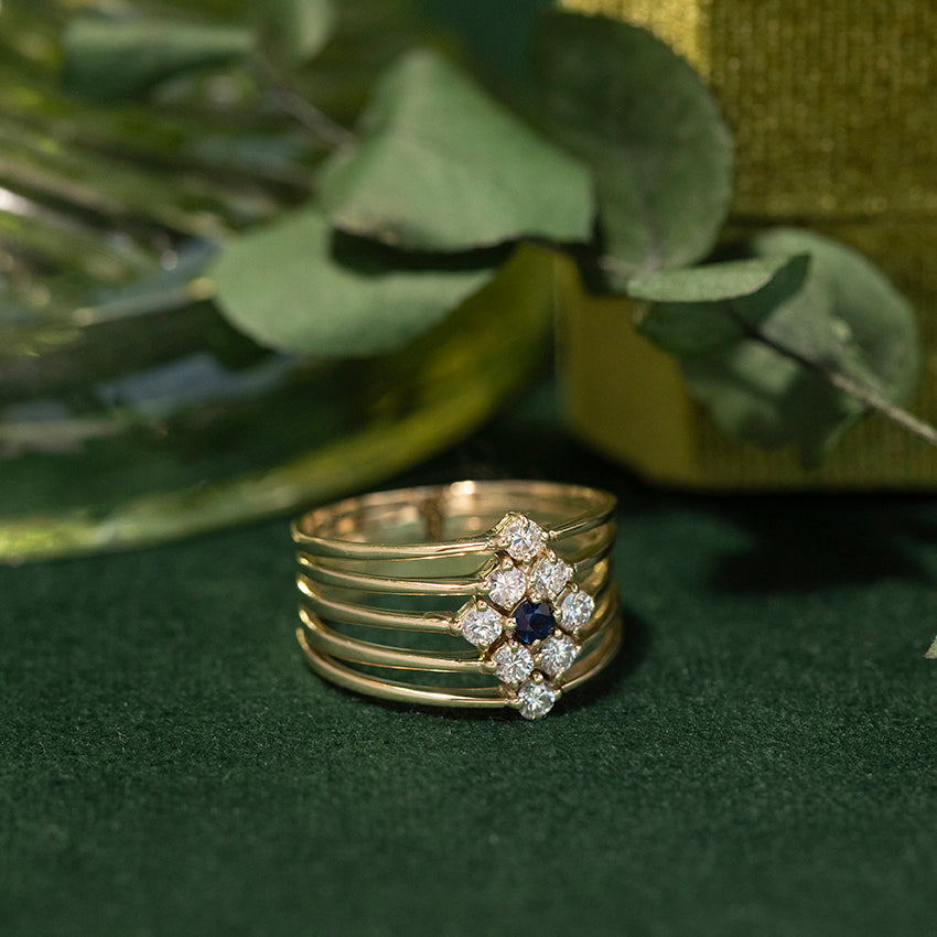 Gold ring with sapphire and diamond 14 kt