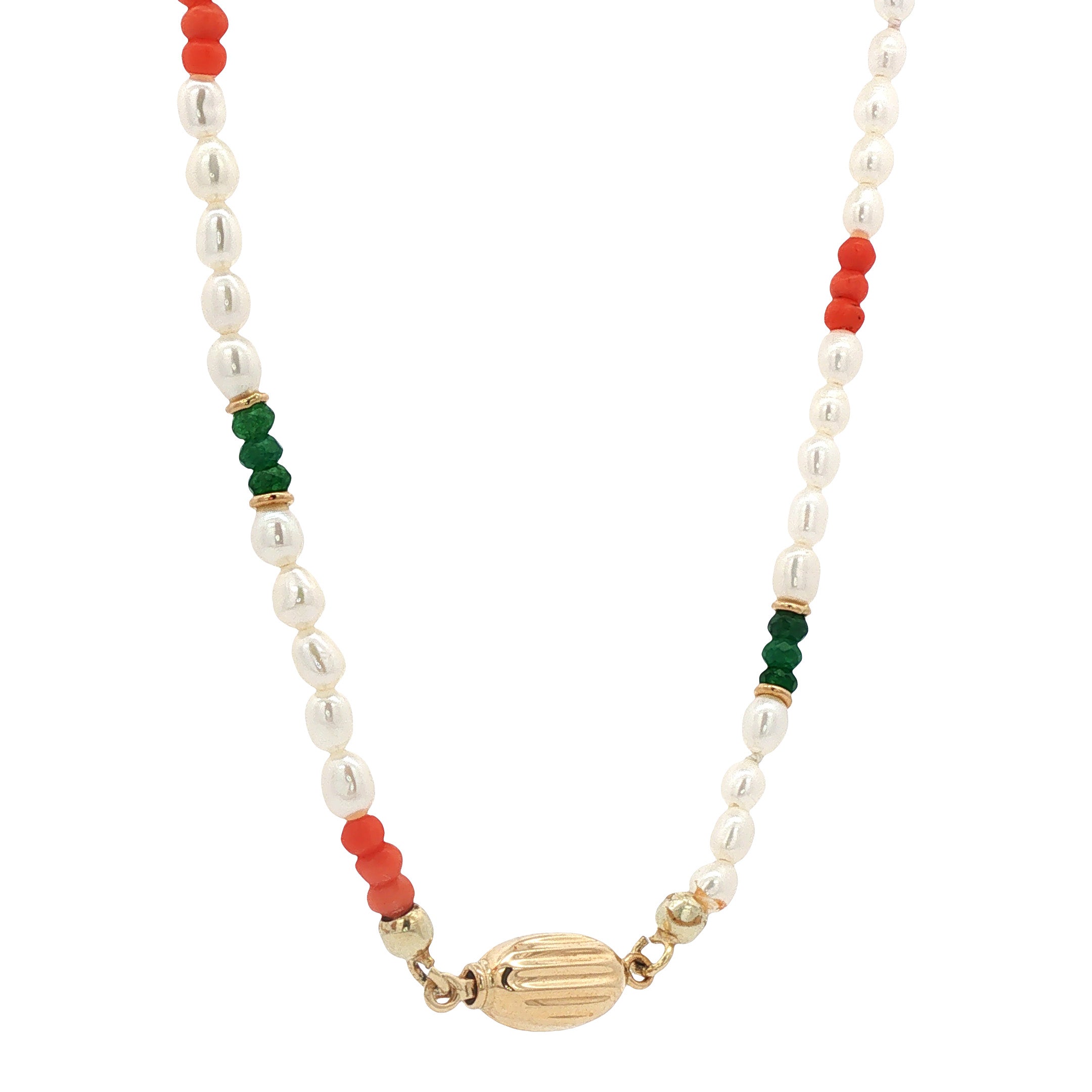 Vintage parel, bloedkoraal en agaat collier met gouden sluiting 14 kt