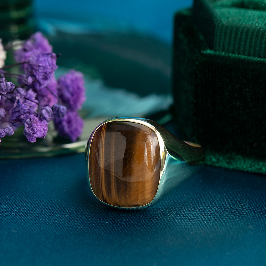 Gouden vintage zegelring met tijgeroog 14 kt