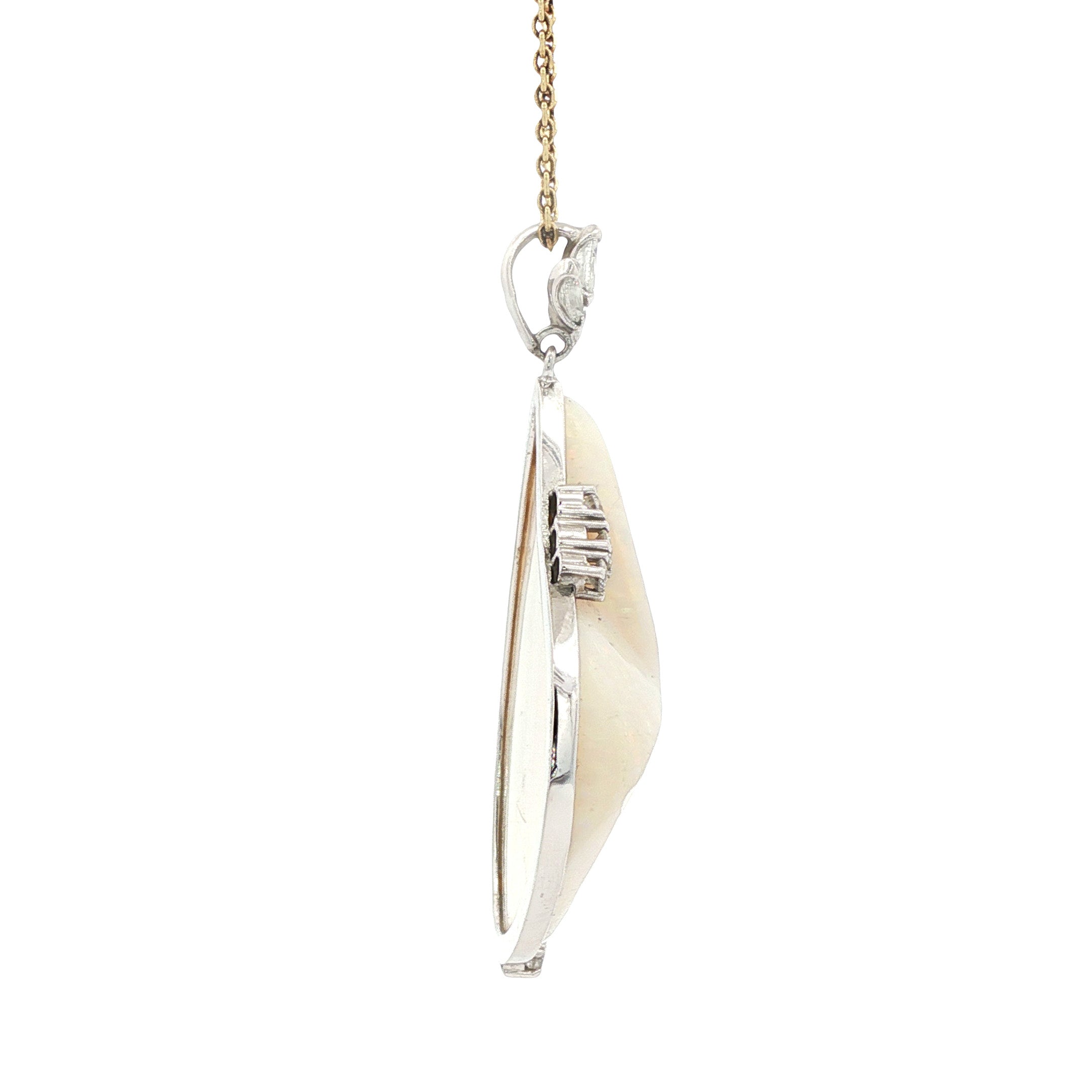 Vintage white gold pendant with opal and diamond, 14 kt