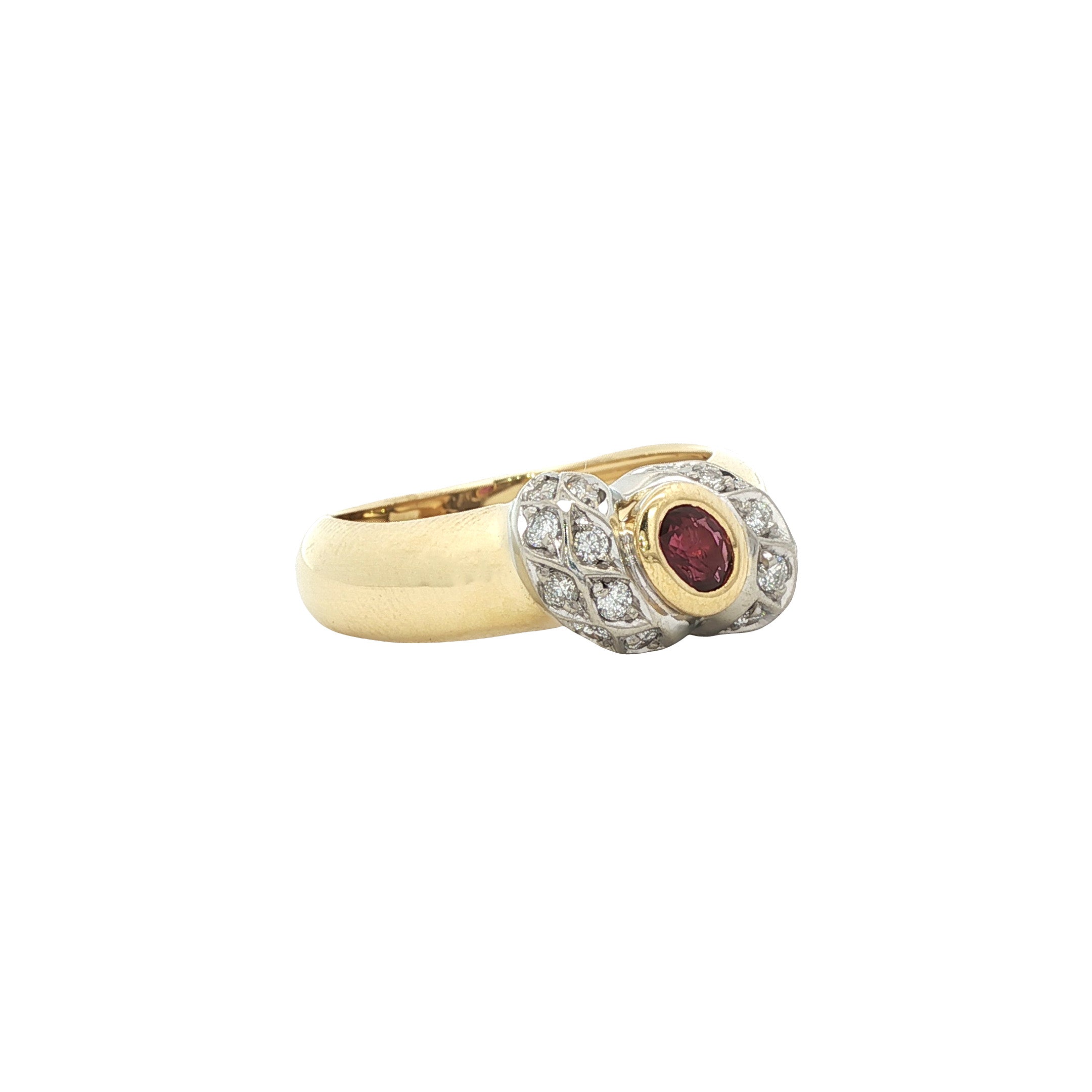 Gouden vintage ring met robijn en diamant 18 kt
