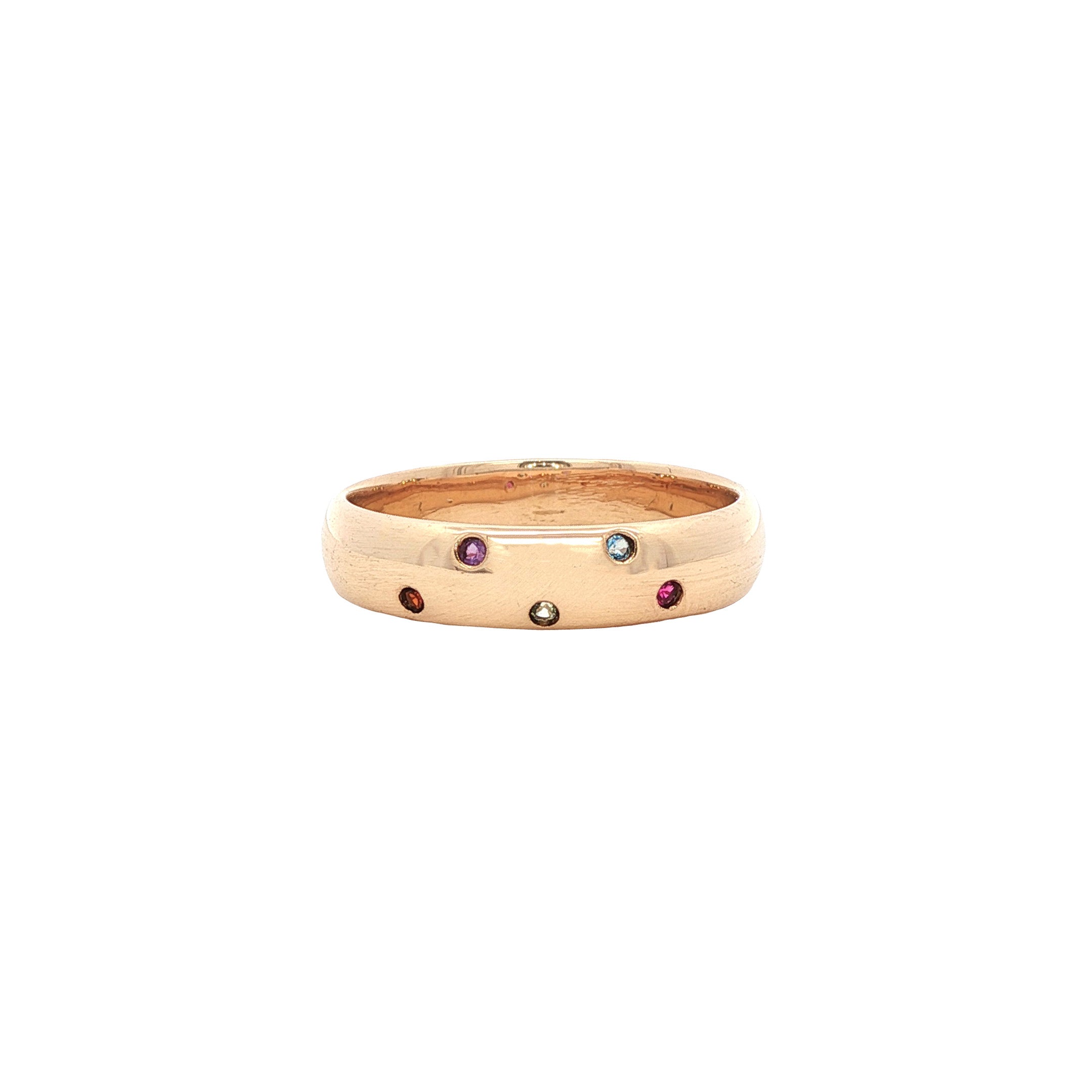 Gouden vintage ring met citrien, amethist, saffier, prasioliet en robijn 14 kt