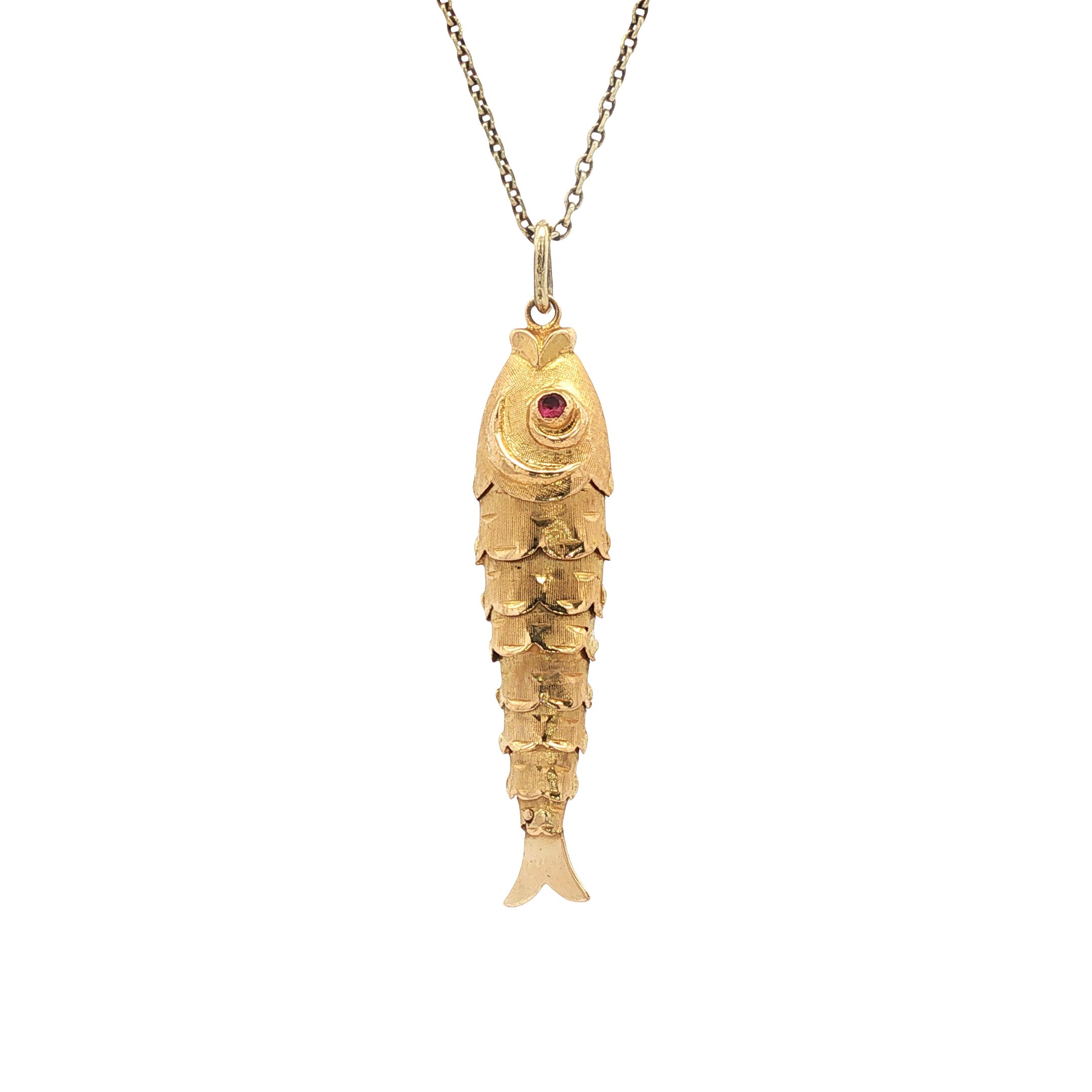 Vintage gold fish pendant with ruby, 14 kt
