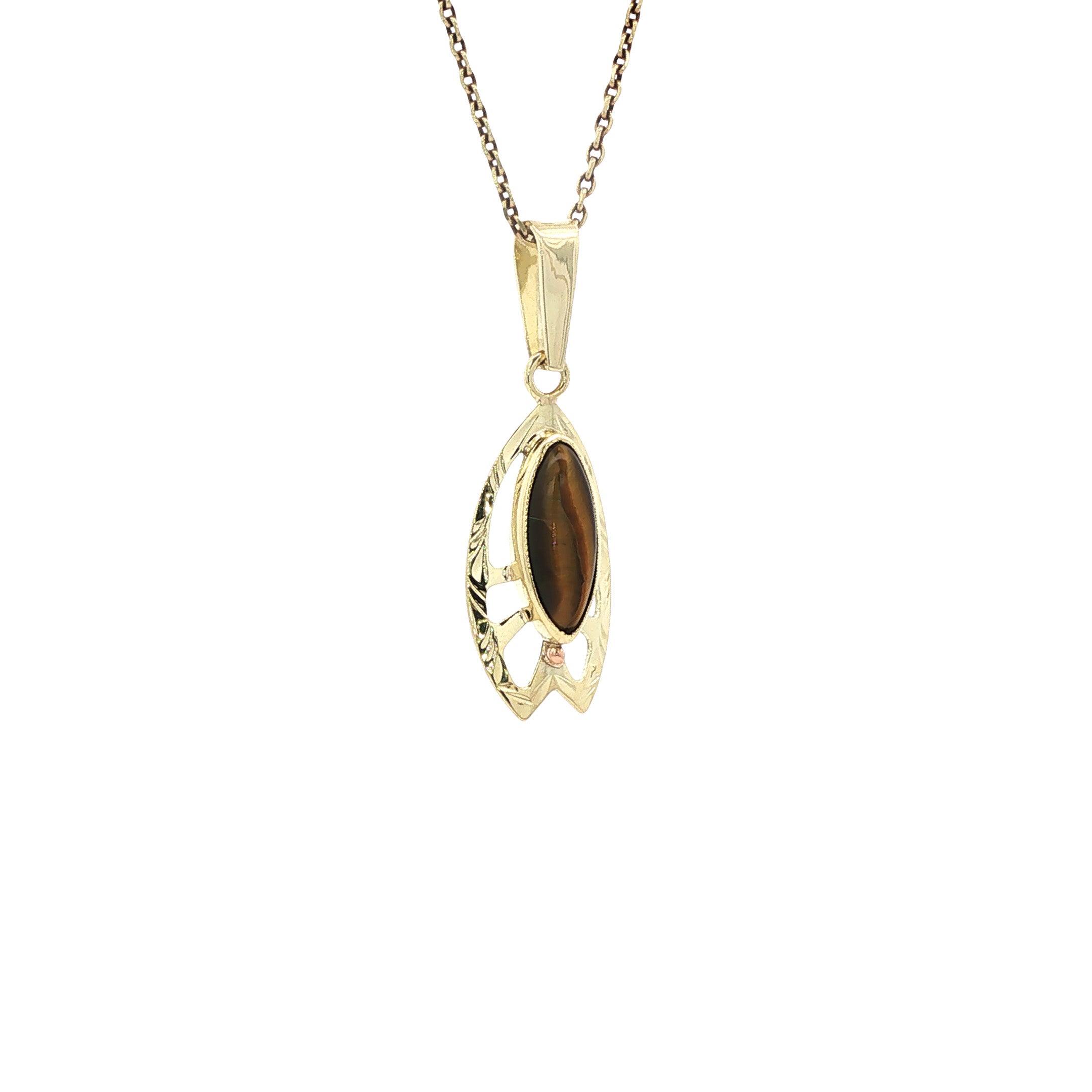 Gouden vintage hanger met tijgeroog 14 kt