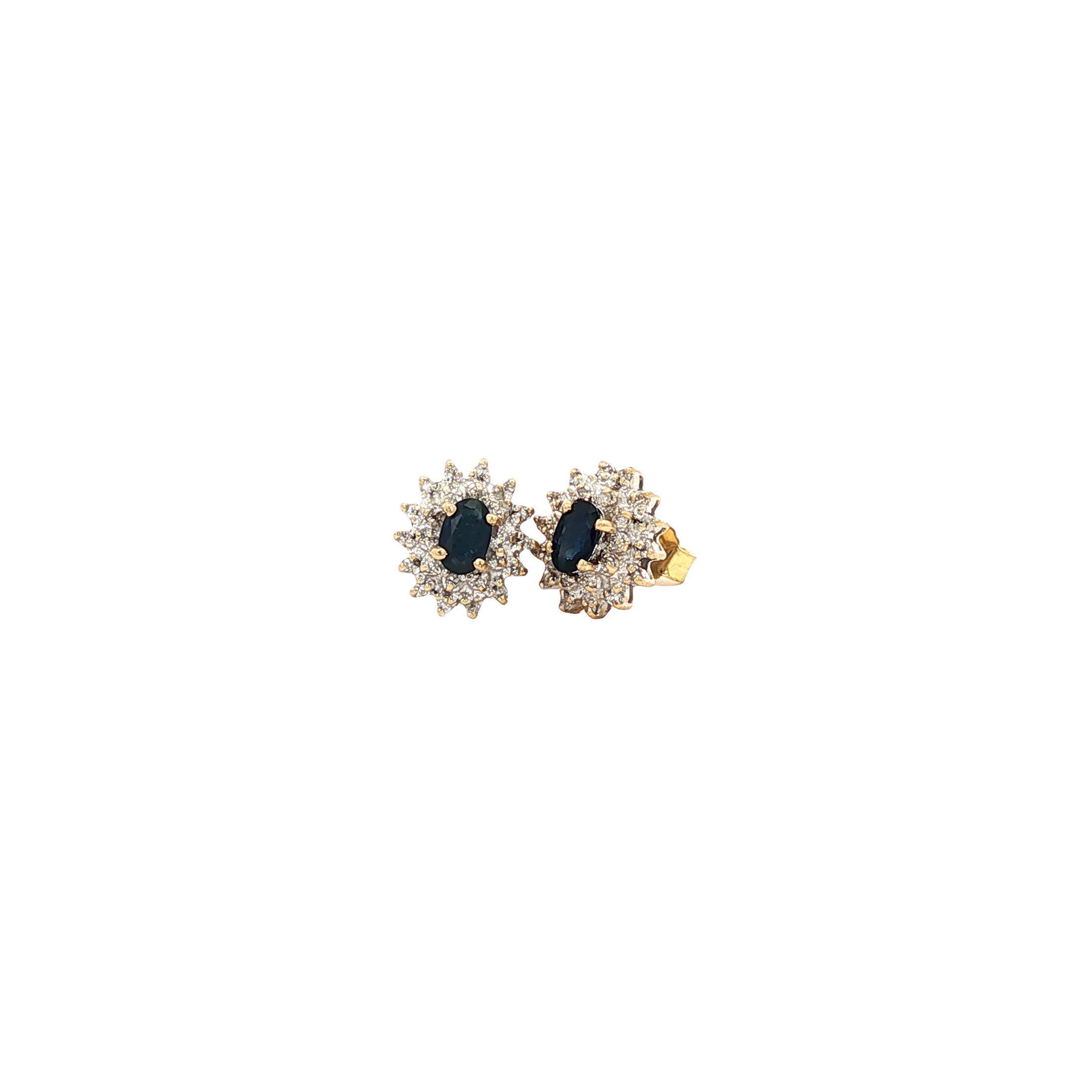 Gold stud earrings with sapphire and diamond, 14 kt
