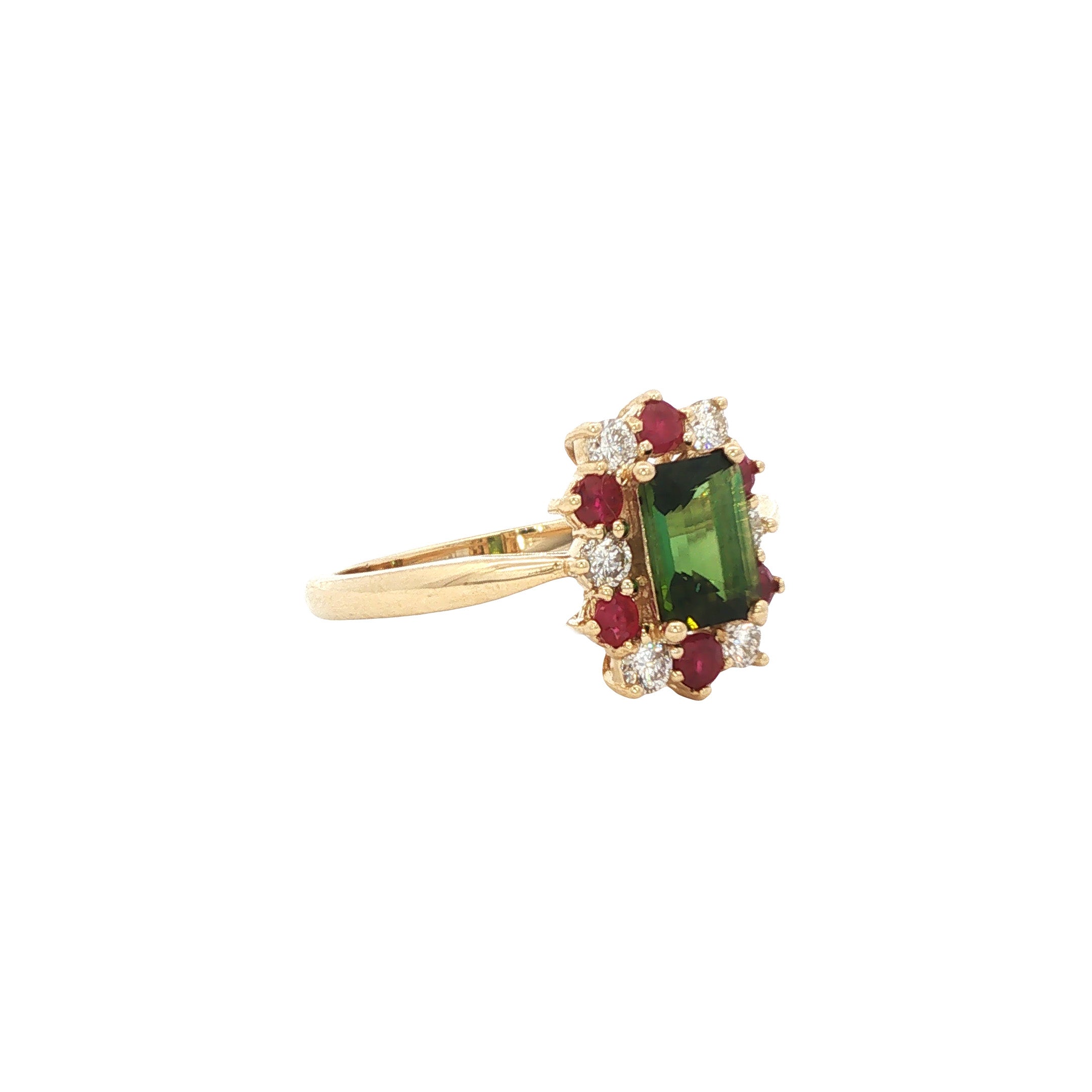 Gouden vintage ring met toermalijn, robijn en diamant 14 kt