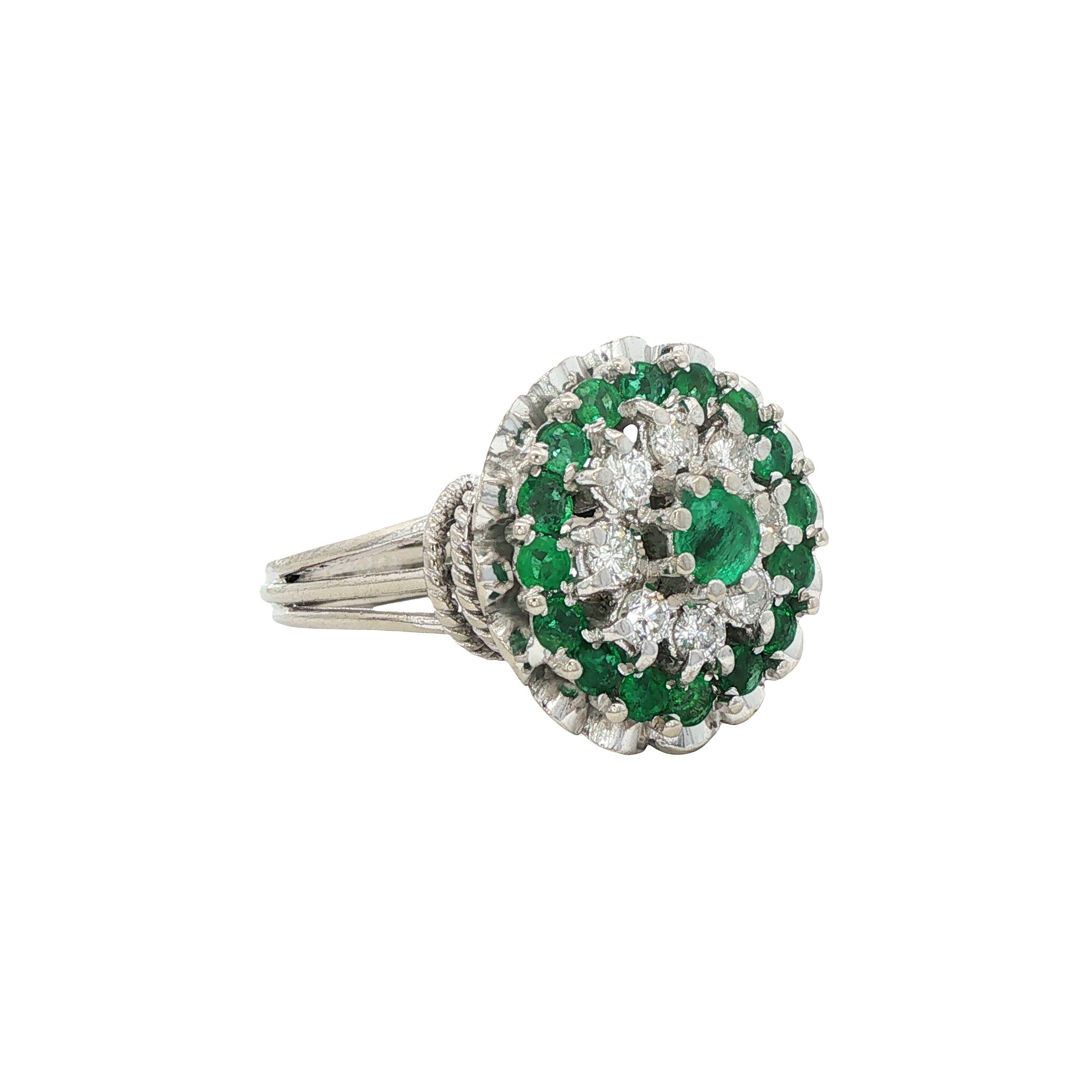 Witgouden vintage ring met smaragd en diamant 14 kt