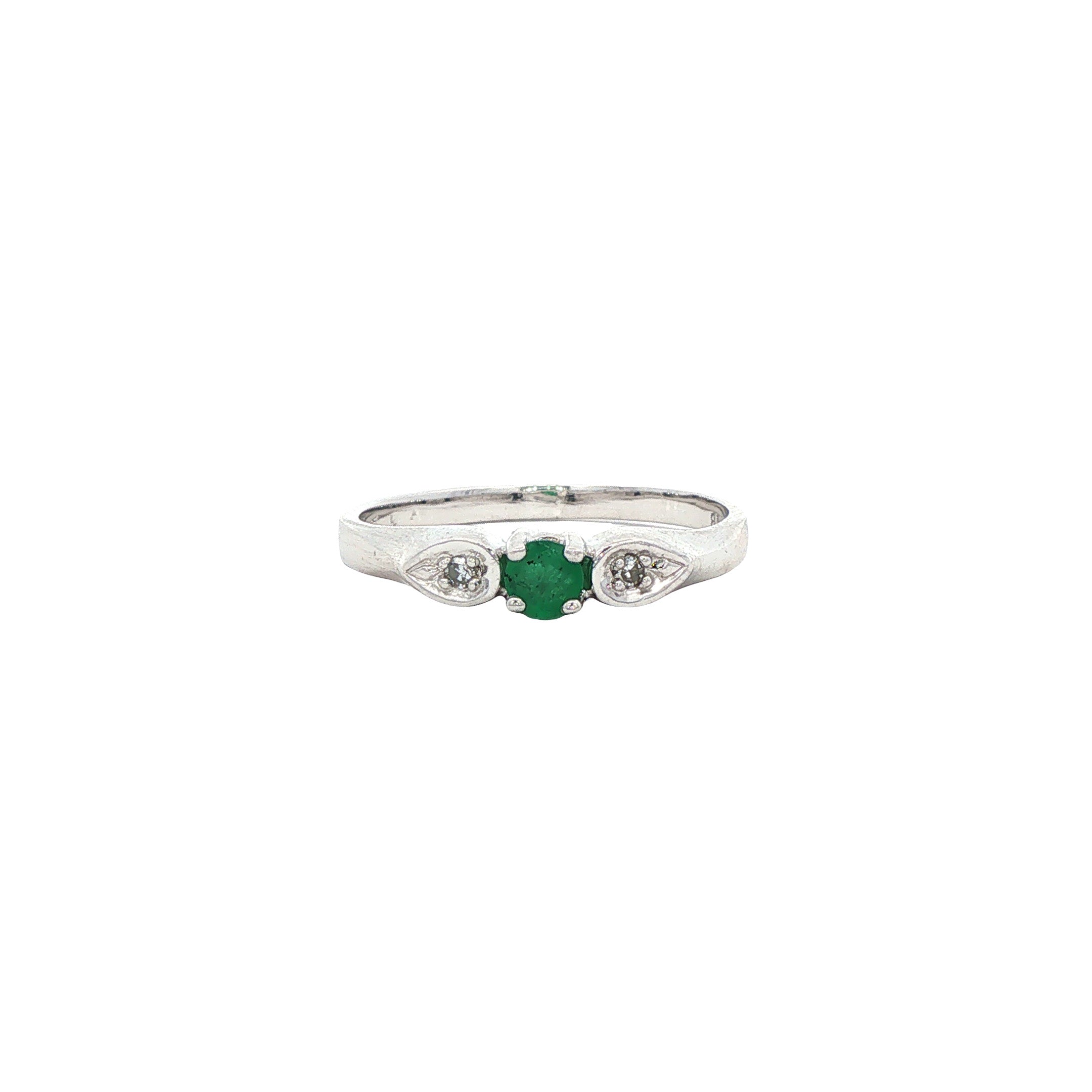 Witgouden vintage ring met smaragd en diamant 14 kt