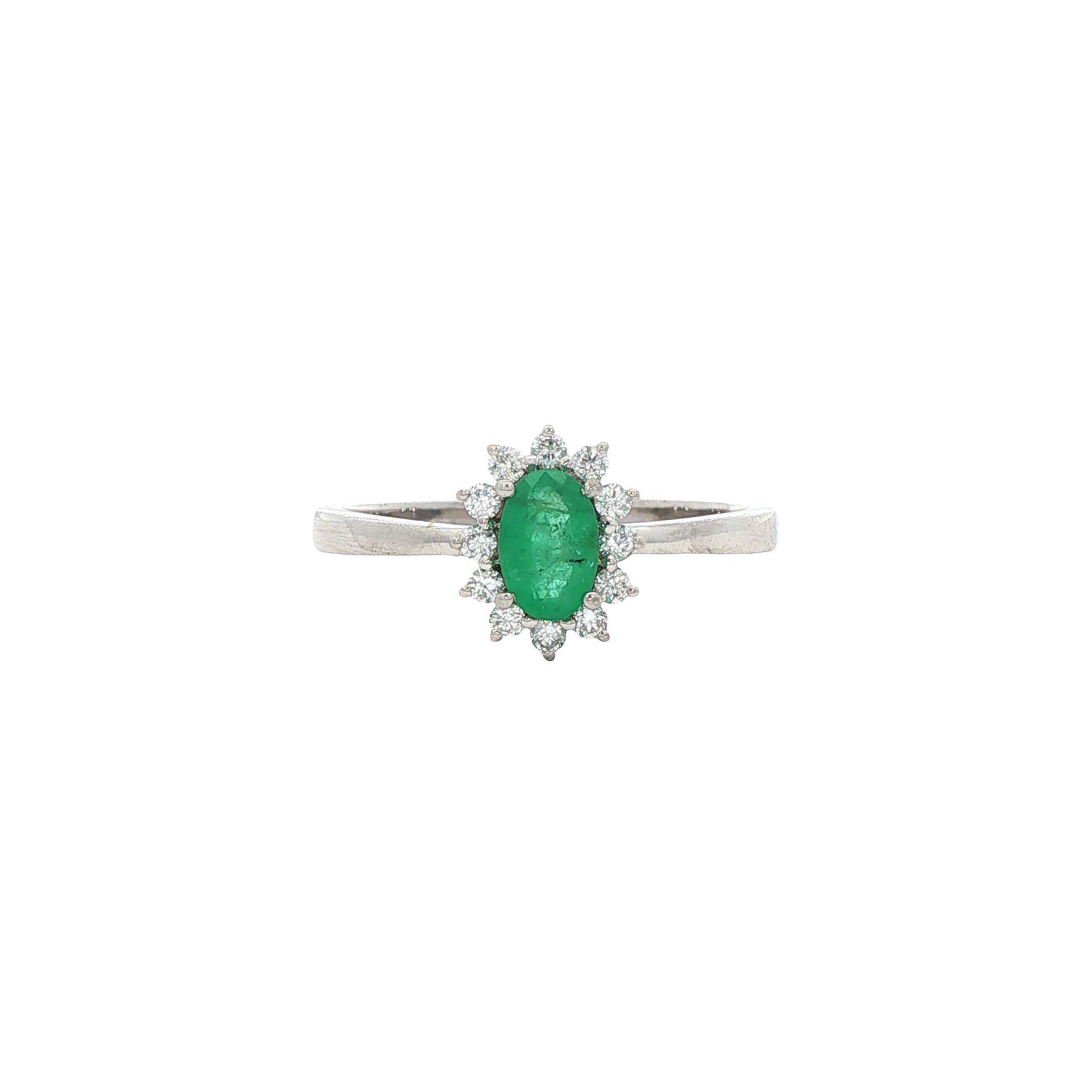 Witgouden vintage ring met smaragd en diamant 14 kt
