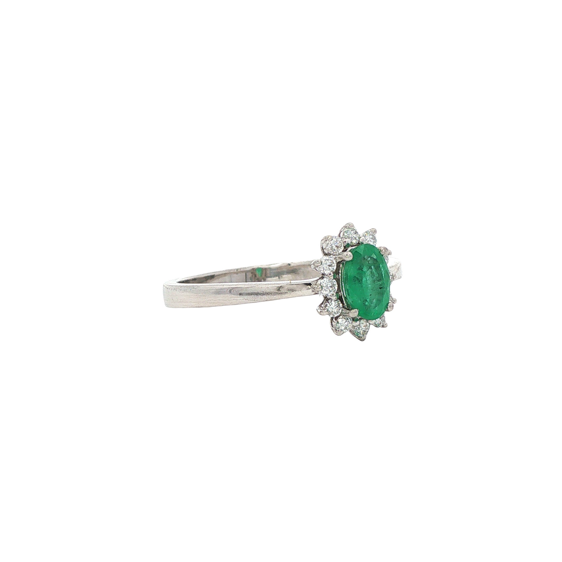 Vintage white gold ring with emerald and diamond, 14 kt