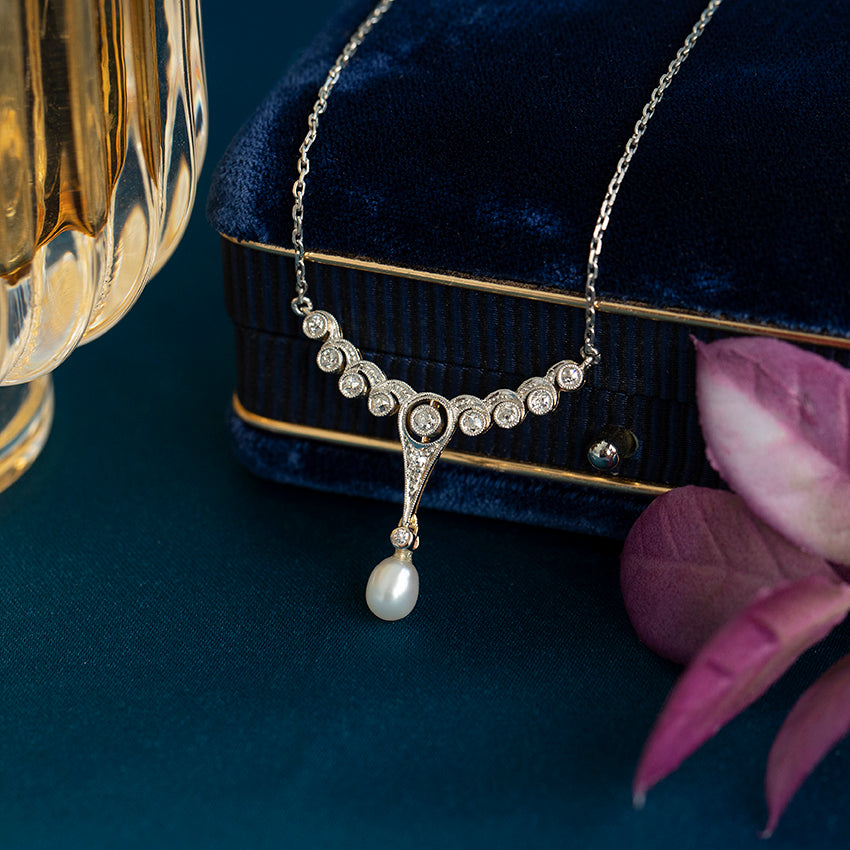 Vintage platina collier met diamant en parel 14 kt/950