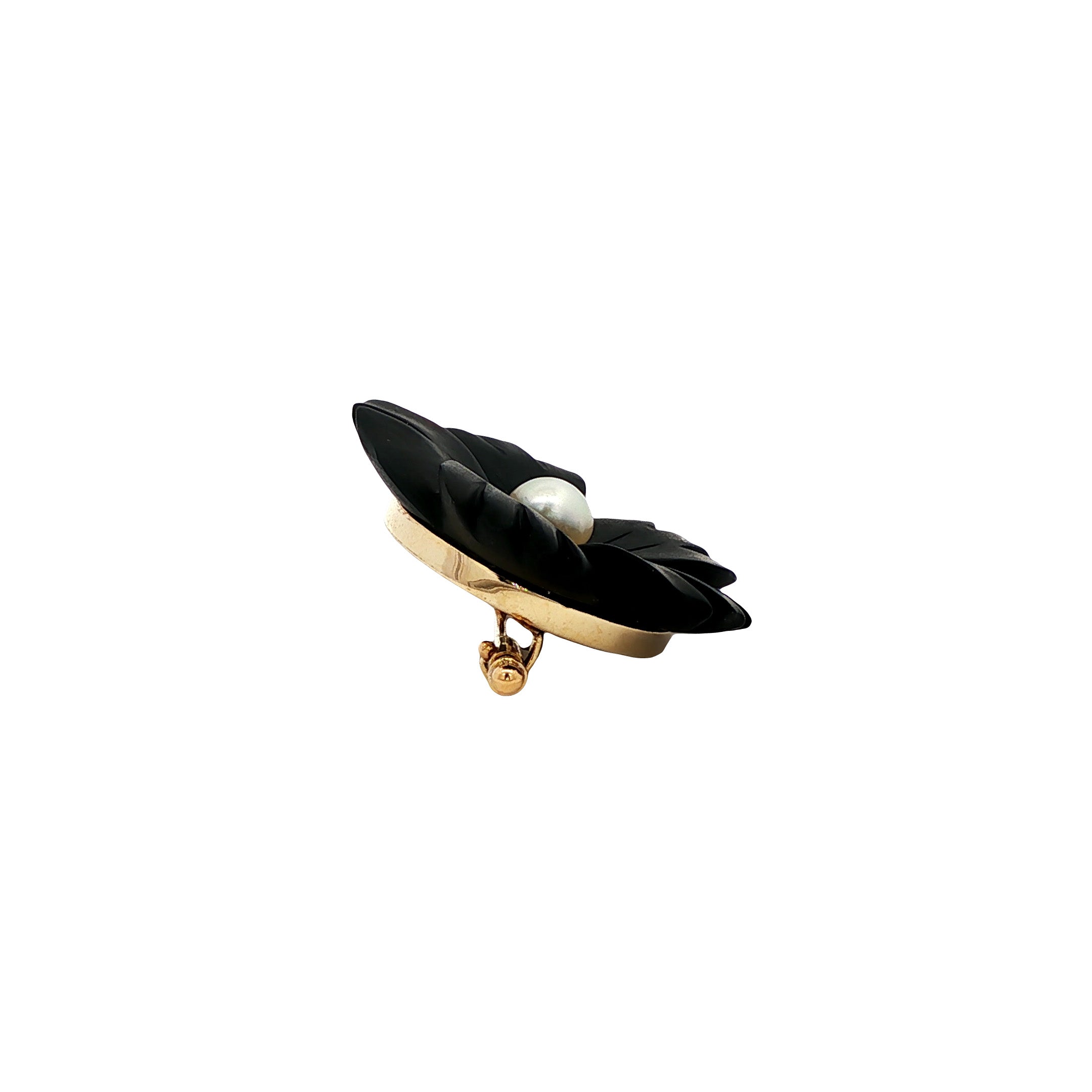 Gouden vintage broche met onyx en parel 14 kt