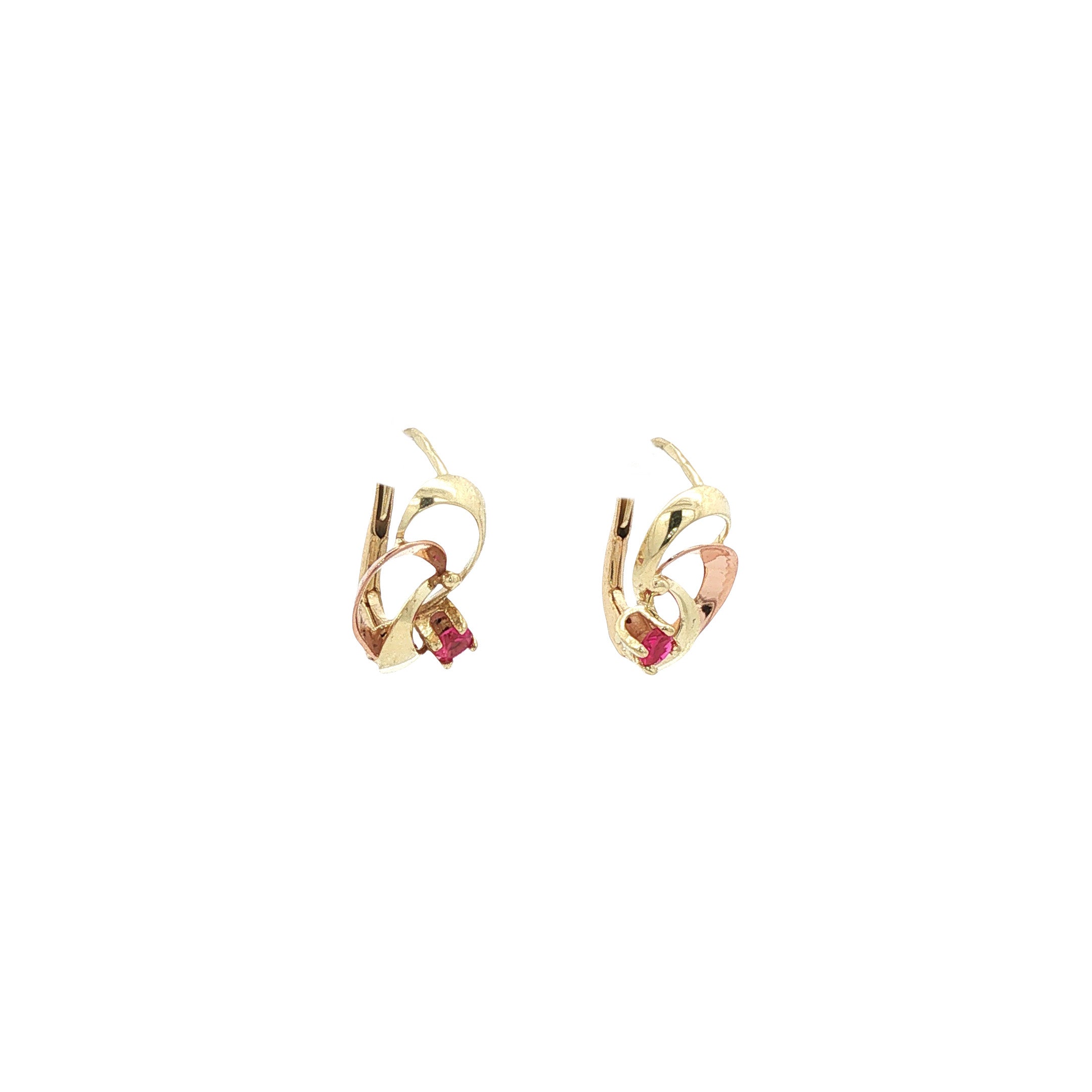 Bicolour gouden vintage oorhangers met robijn 14 kt