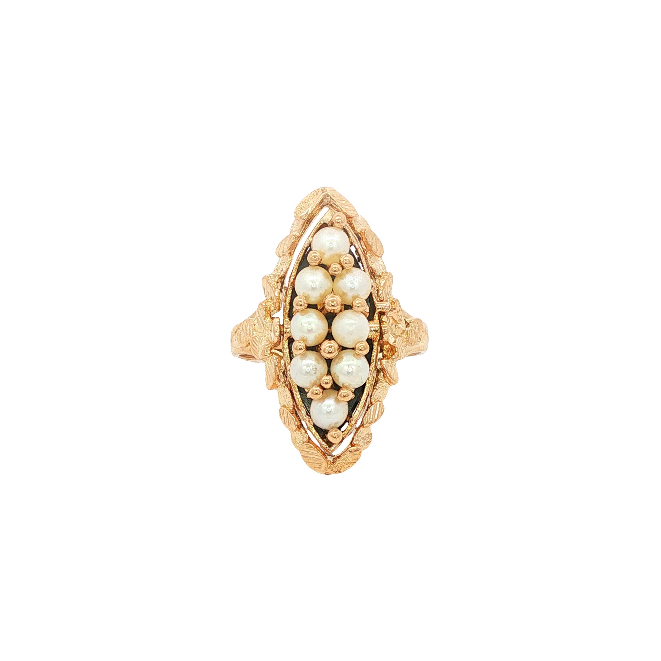 Vintage gold twist ring with pearl and hematite, 18 kt