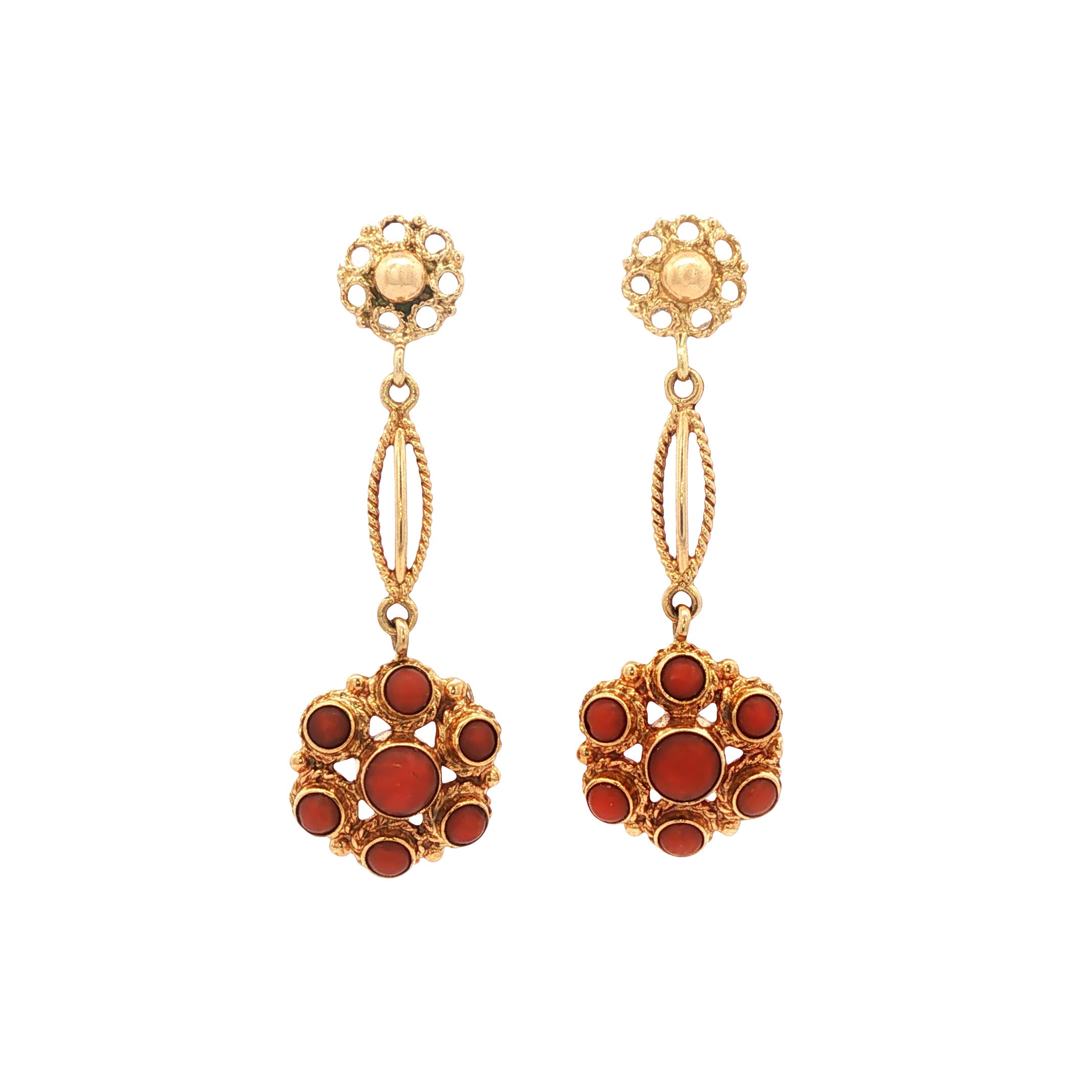 Gouden vintage oorstekers met bloedkoraal 14 kt