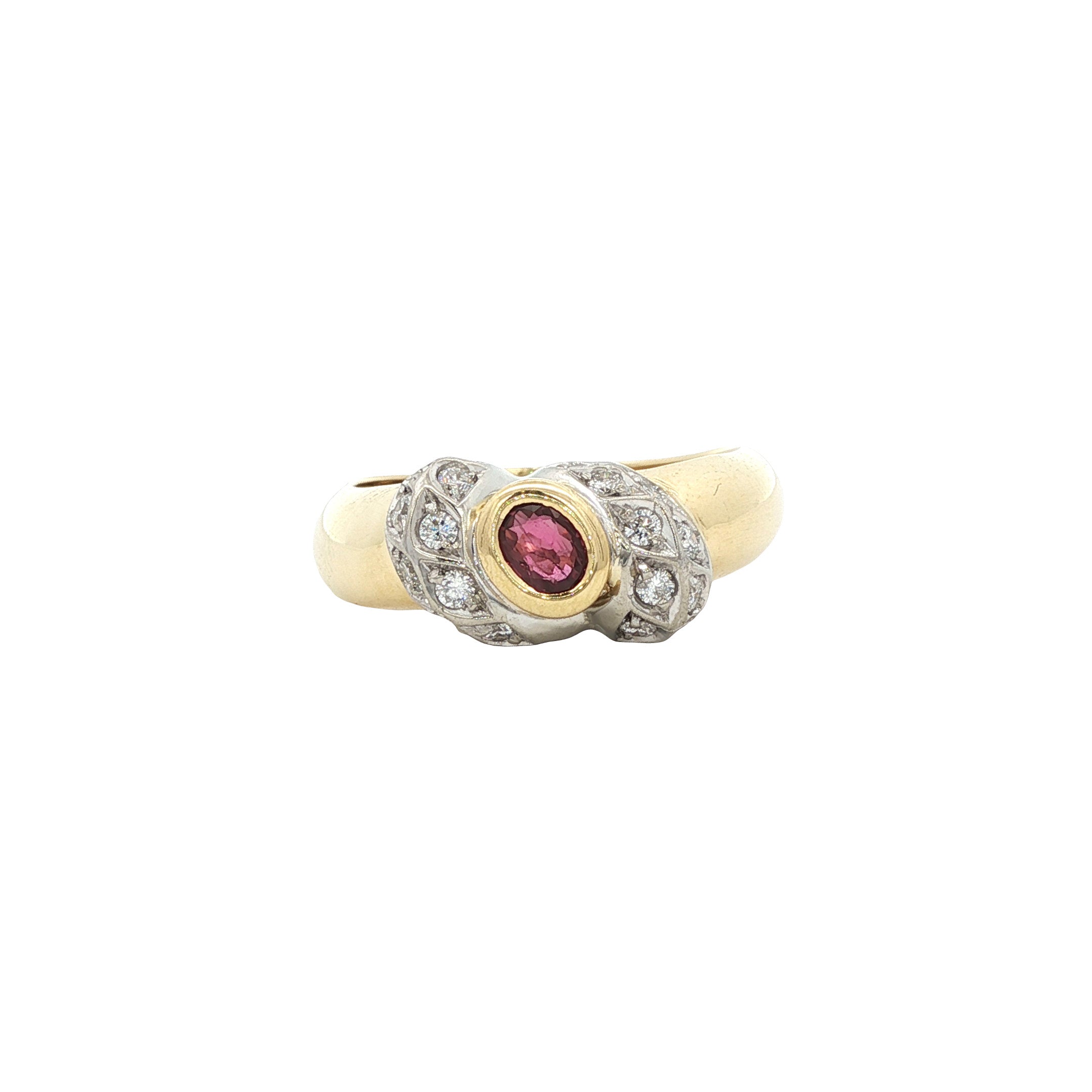 Gouden vintage ring met robijn en diamant 18 kt