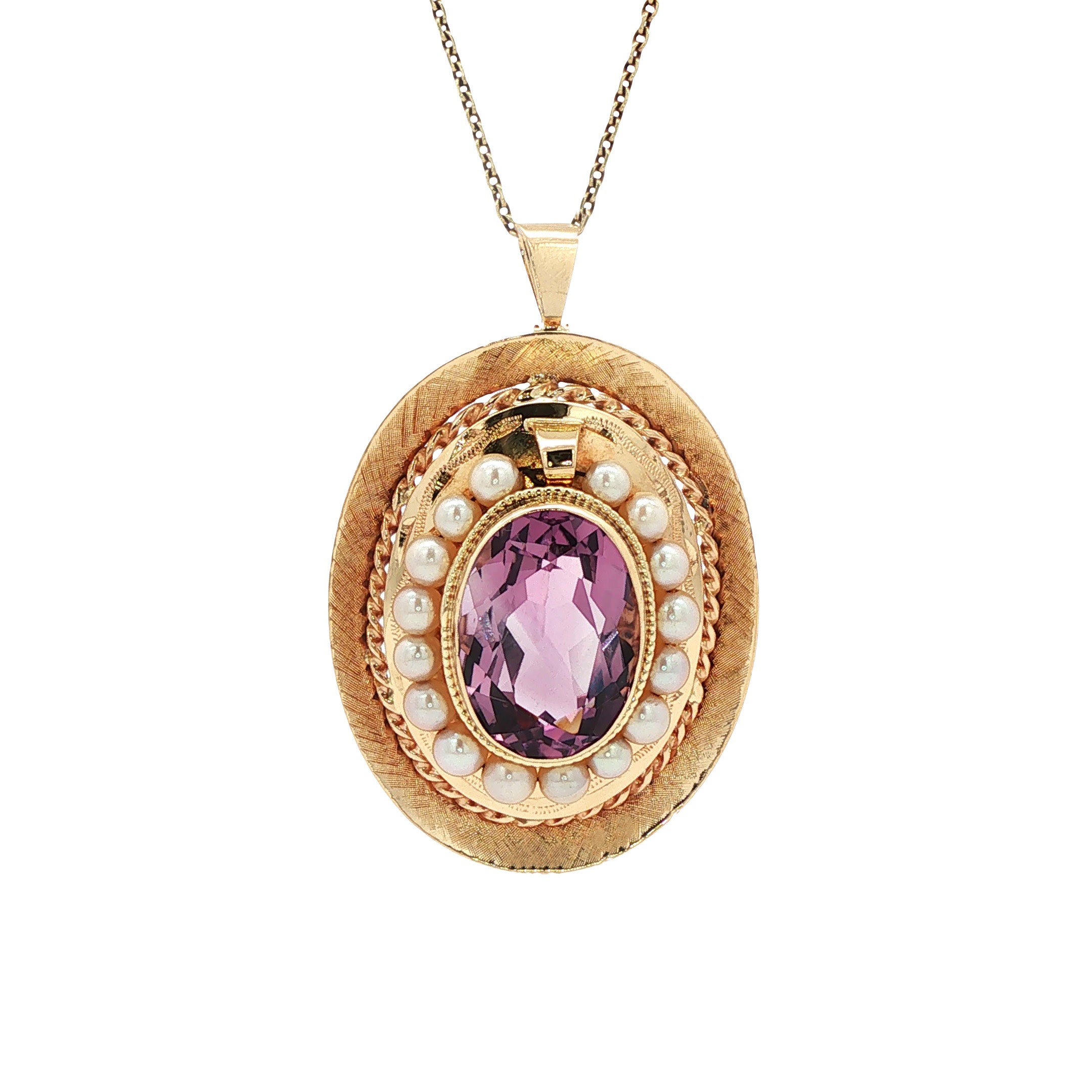 Gouden vintage hanger met parel en amethist 14 kt