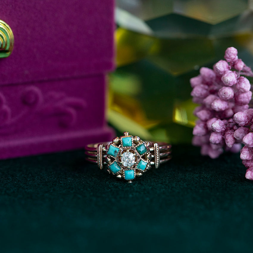 Roségouden ring met turkoois en diamant 14 kt