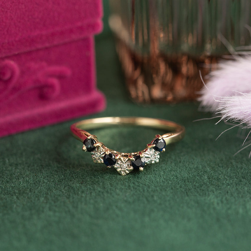Vintage ring met saffier en diamant 9 kt