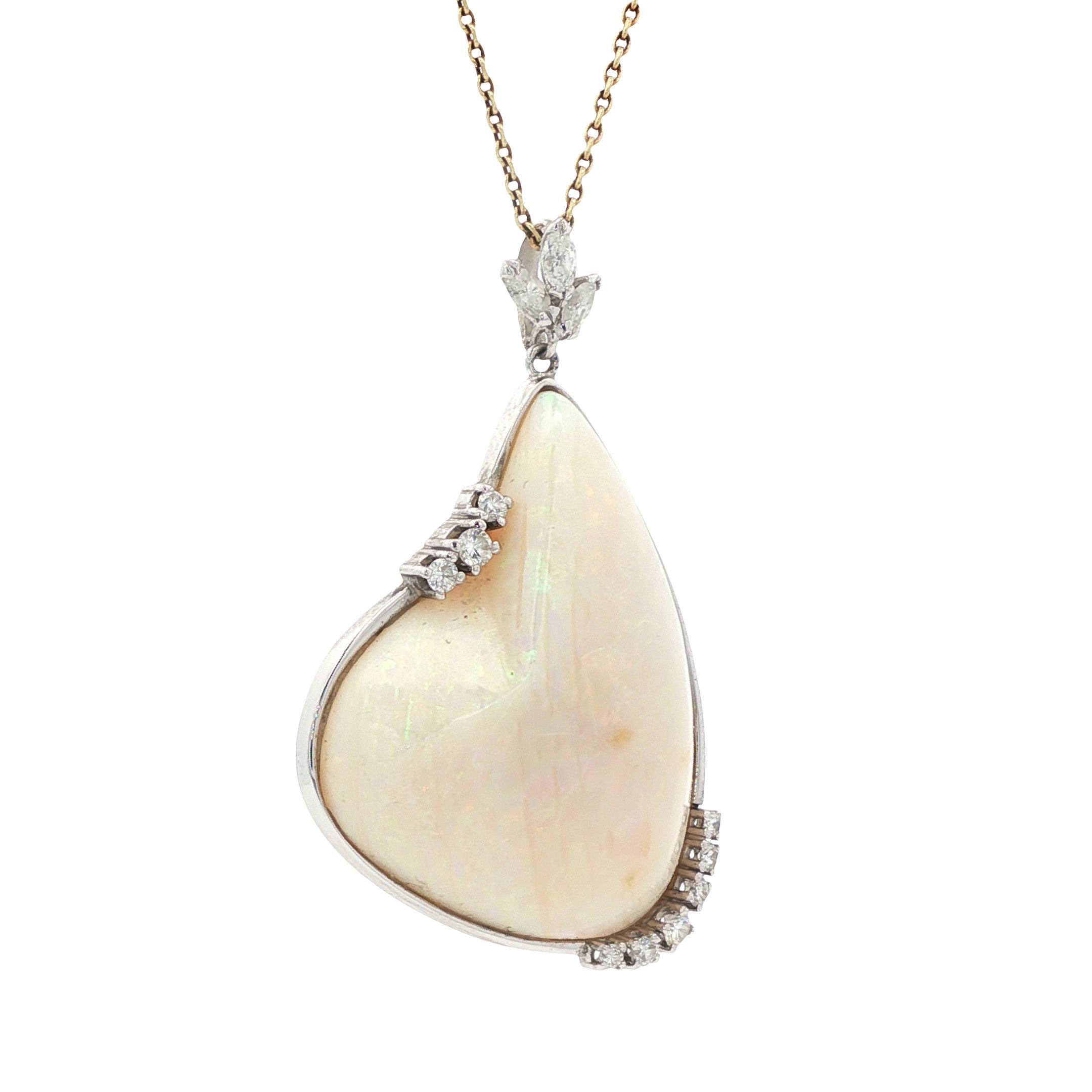 Vintage white gold pendant with opal and diamond, 14 kt