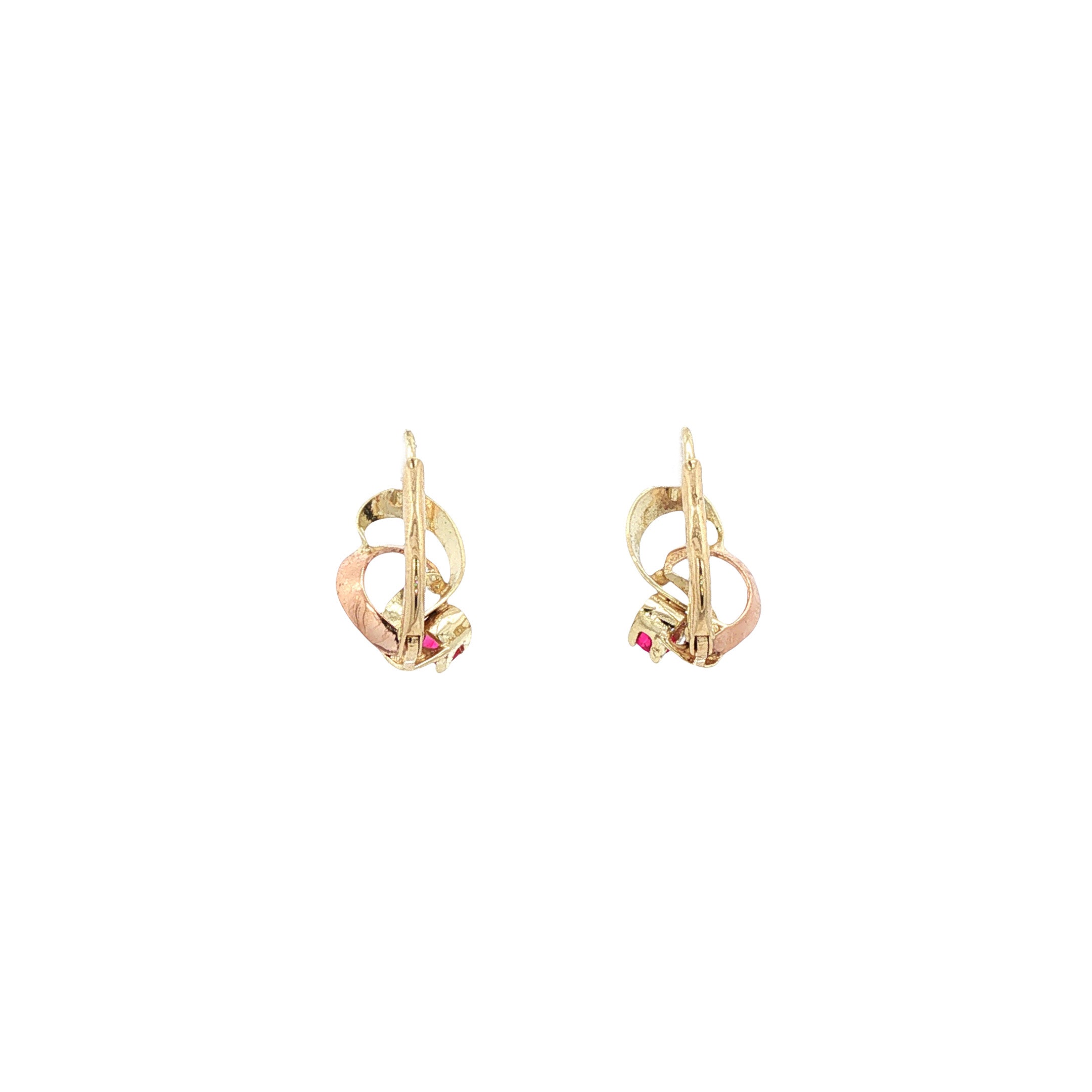 Bicolour gouden vintage oorhangers met robijn 14 kt