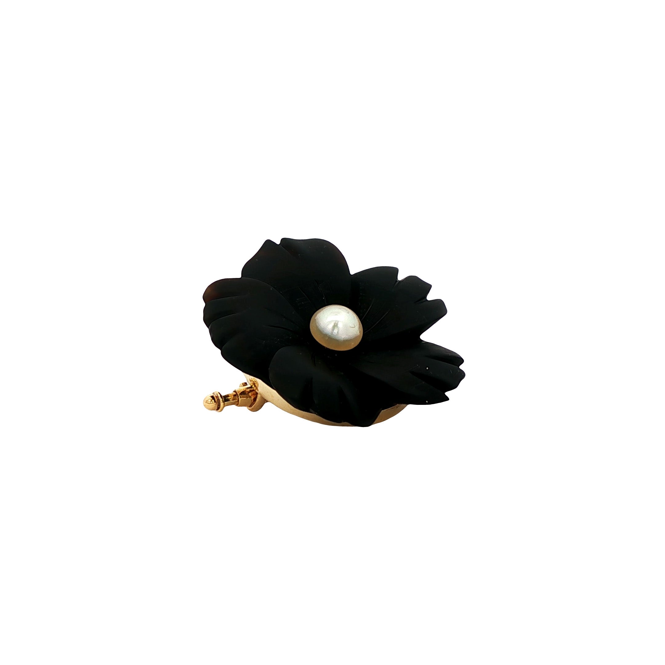 Gouden vintage broche met onyx en parel 14 kt