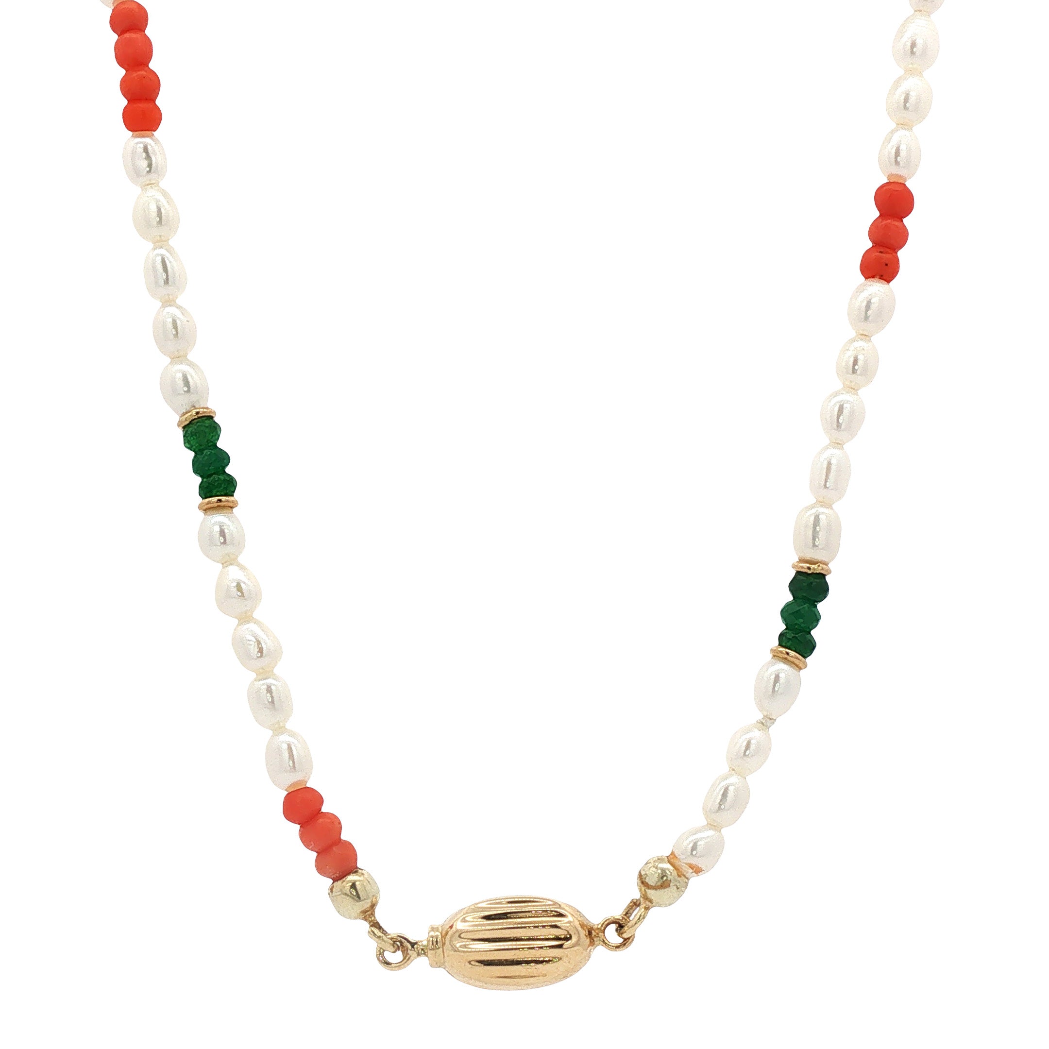 Vintage parel, bloedkoraal en agaat collier met gouden sluiting 14 kt