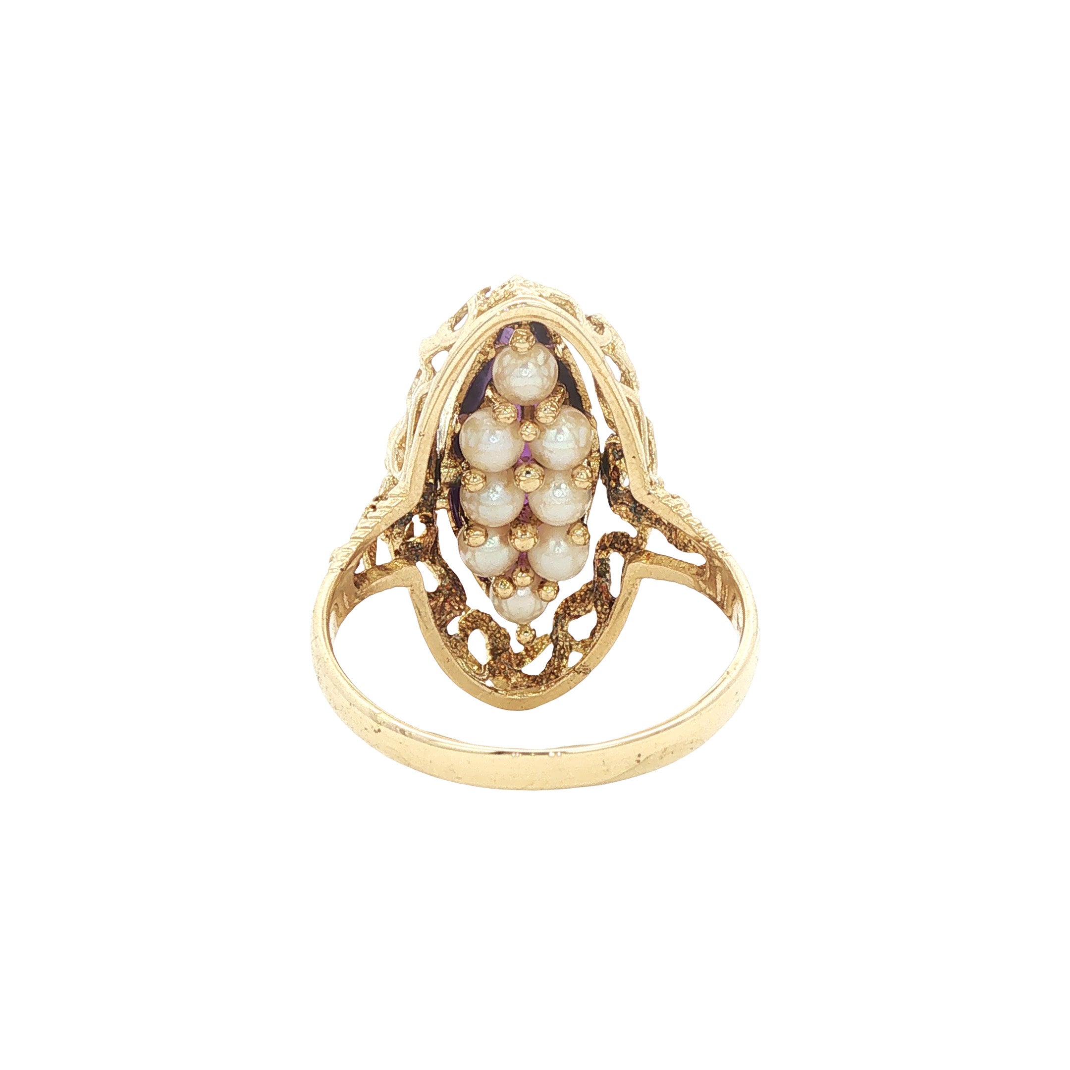Gouden vintage ring met parel en amethist 14 kt