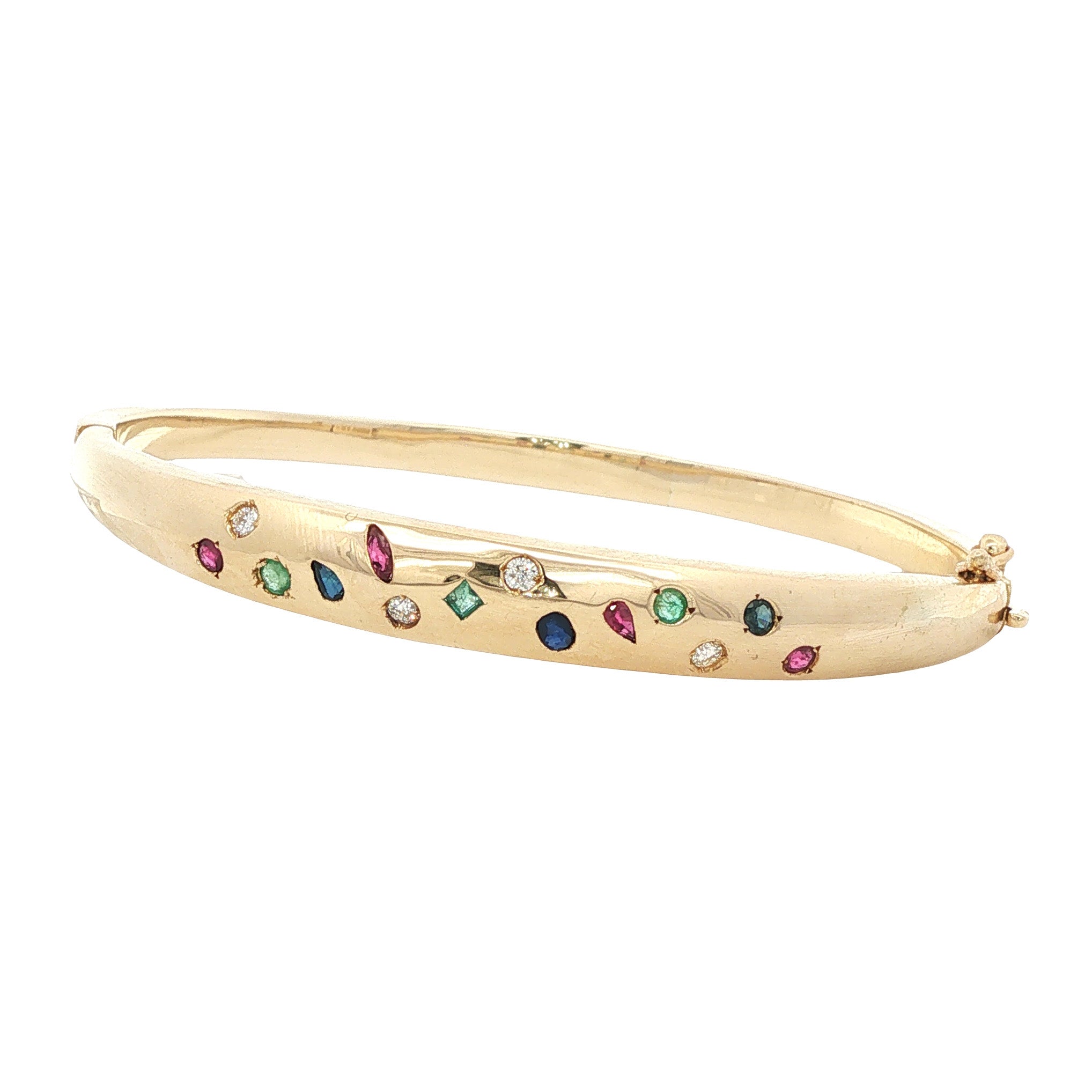 Vintage bangle met robijn, saffier, smaragd en diamant 12 kt
