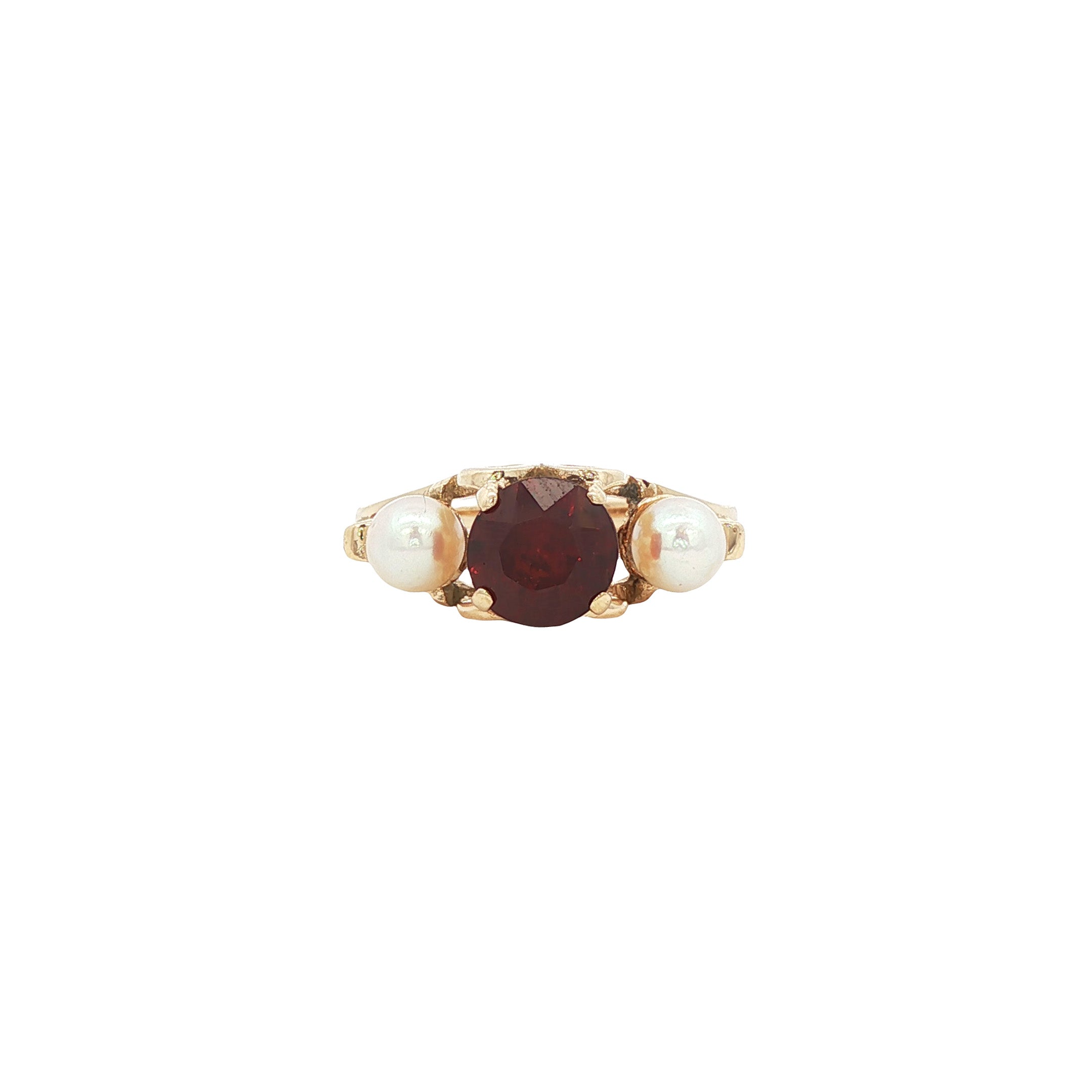 Gouden vintage ring met parel en granaat 14 kt