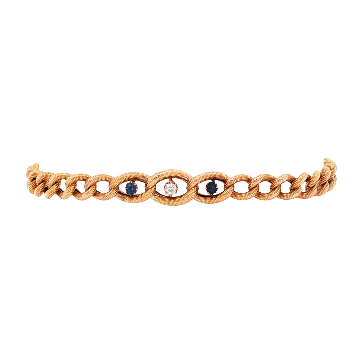 Roségouden vintage gourmet armband met saffier en diamant 14 kt