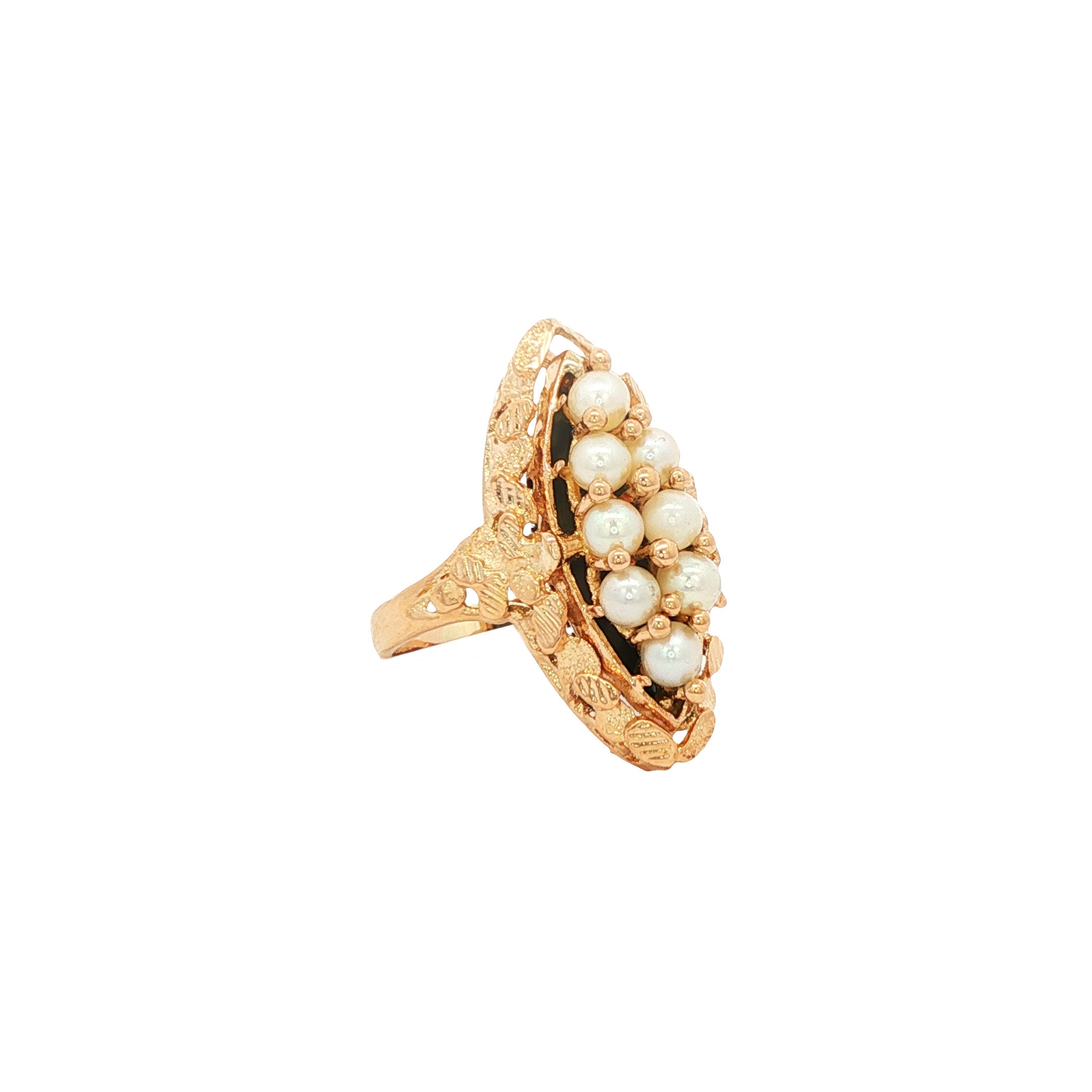 Vintage gold twist ring with pearl and hematite, 18 kt