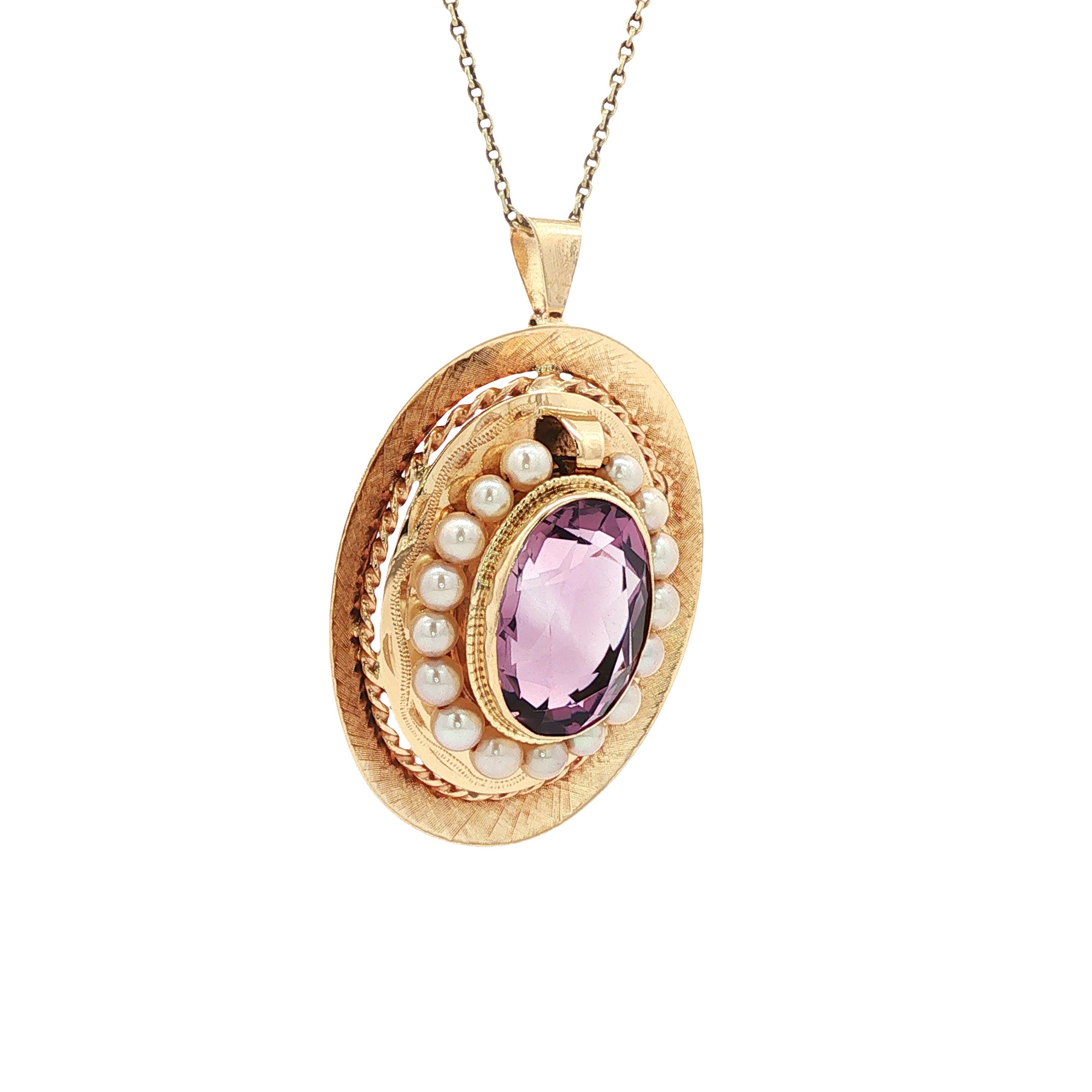 Vintage gold pendant with pearl and amethyst, 14 kt