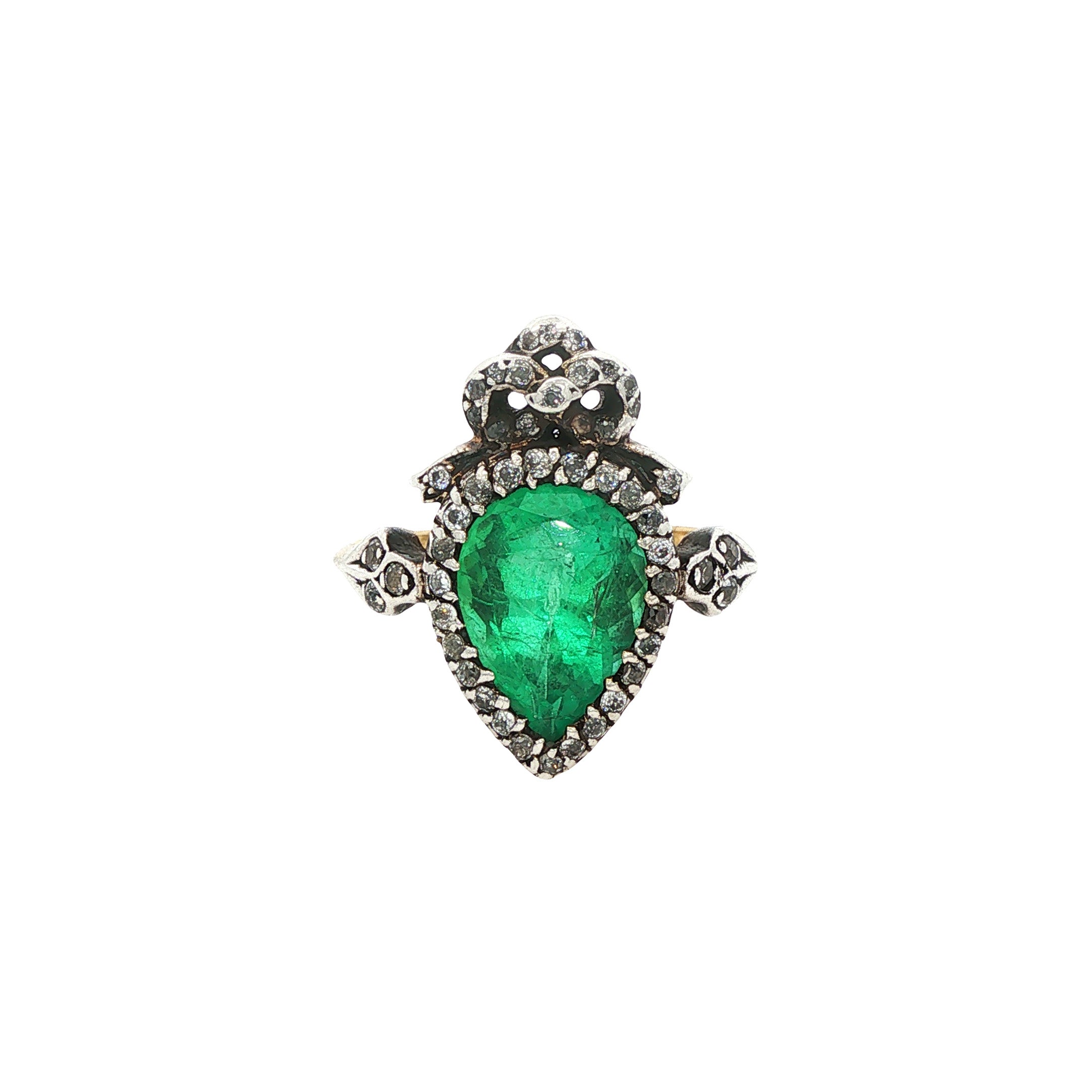 Vintage gold ring with emerald and diamond, 18 kt/925