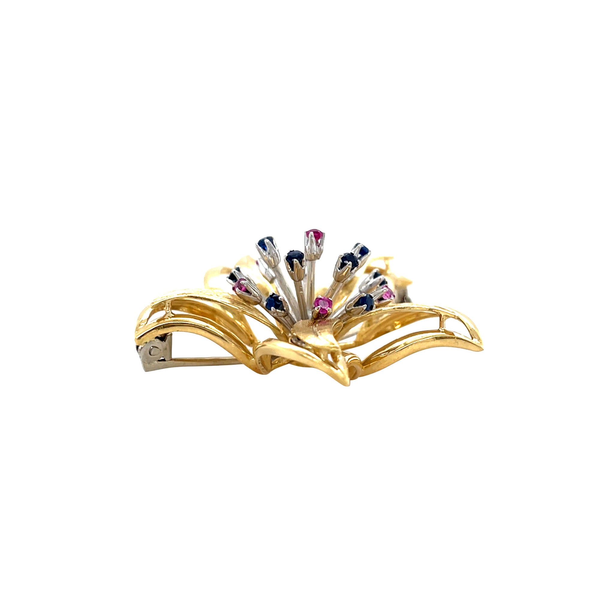 Gouden vintage broche met saffier en robijn 18 krt