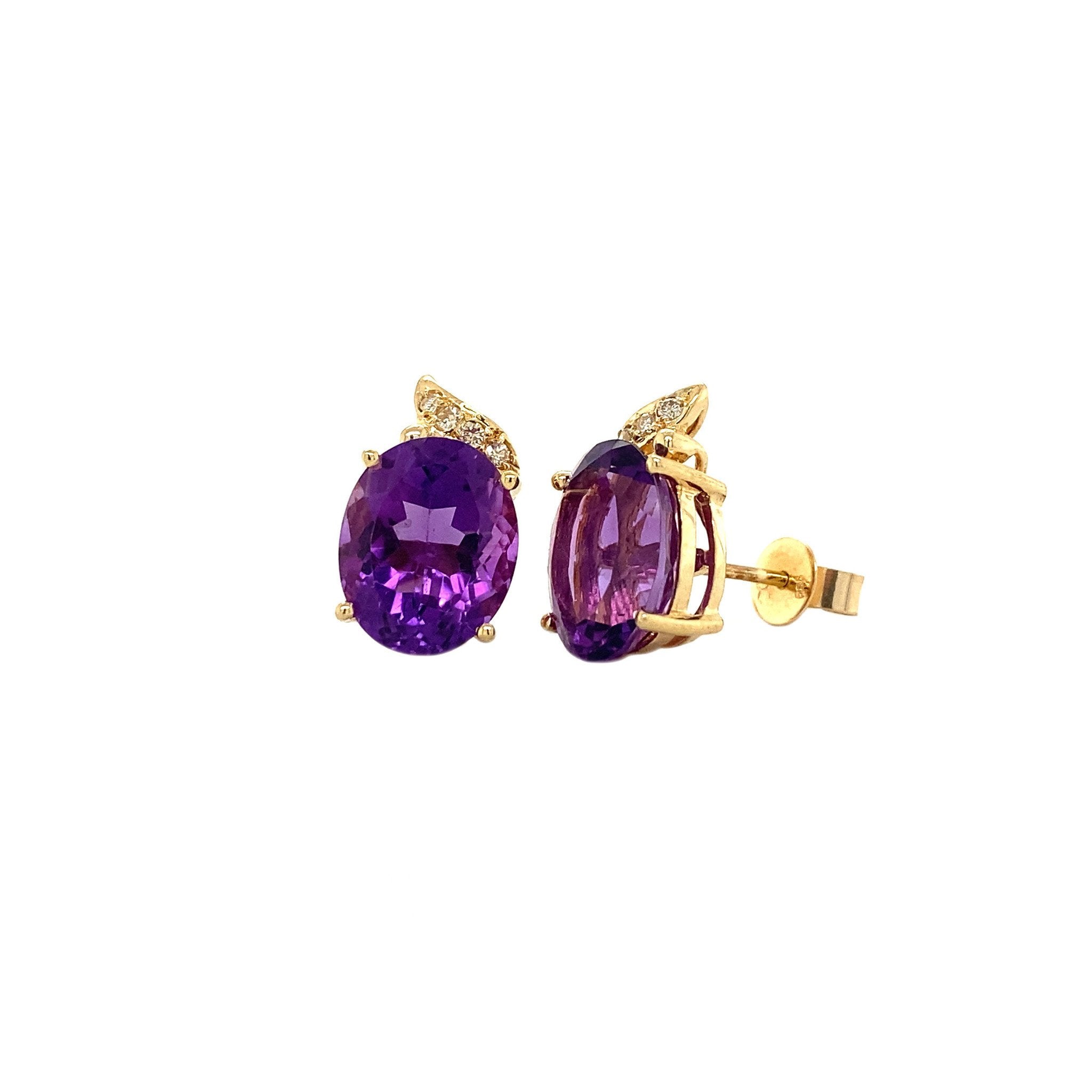 14 kt gold stud earrings with amethyst and diamond