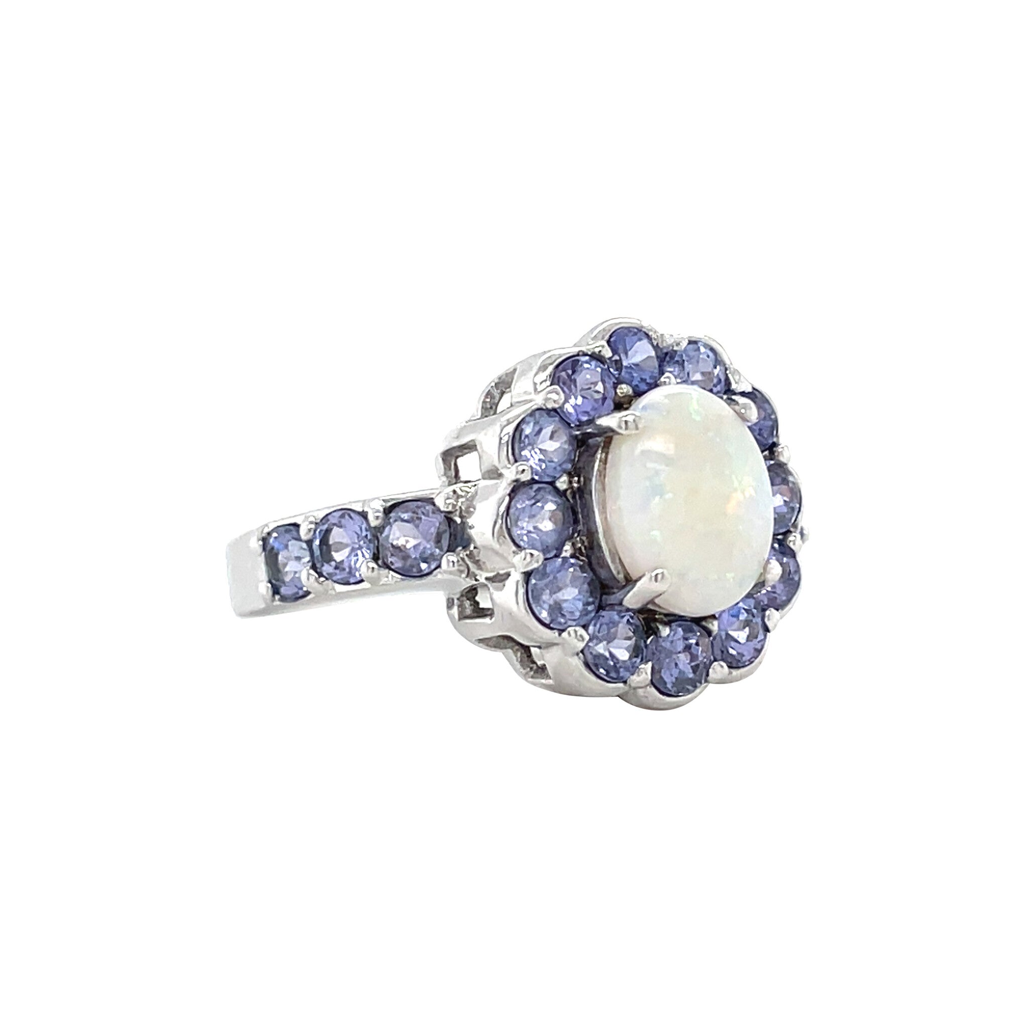 Vintage entourage ring met opaal en tanzaniet 10 krt