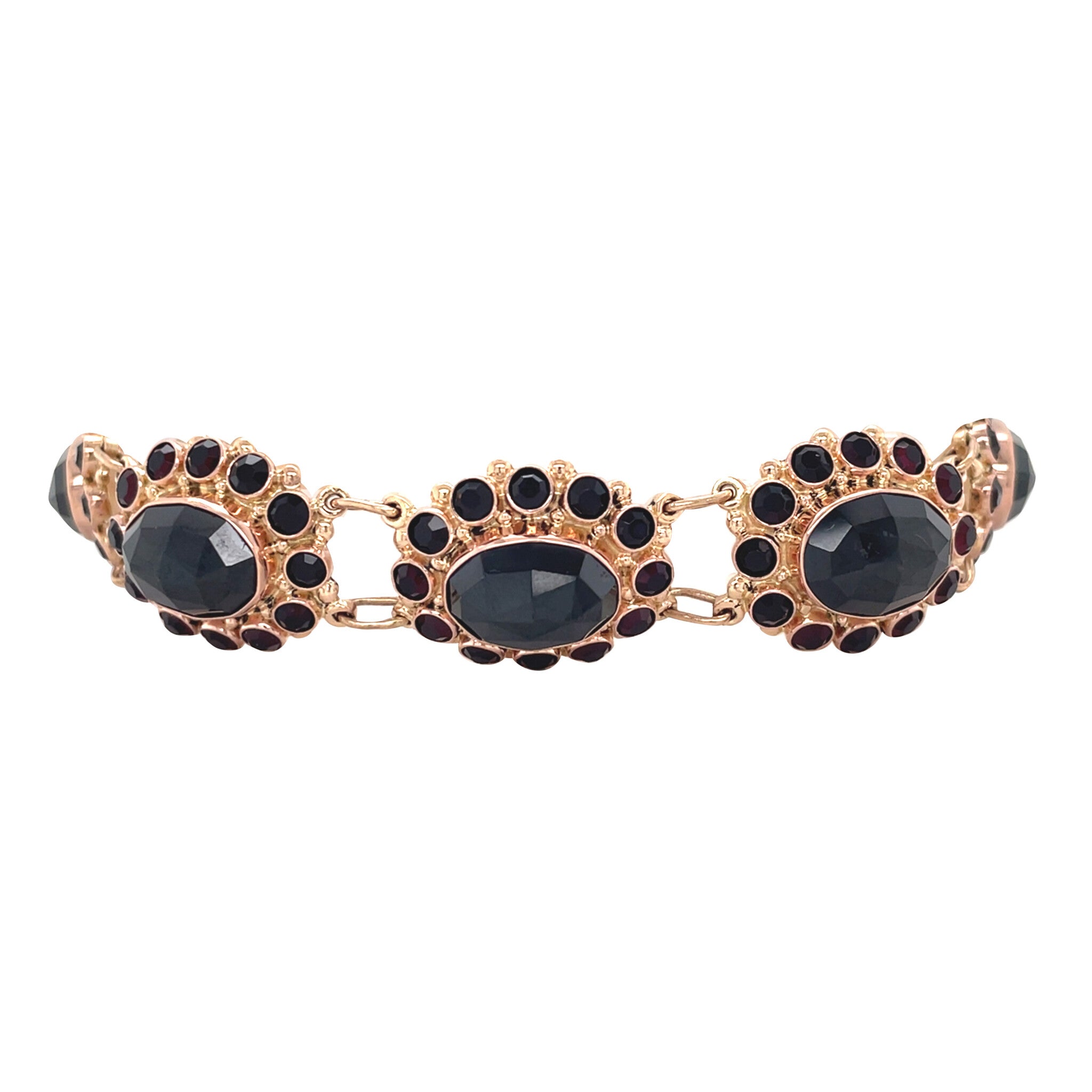 Gouden vintage entourage bootjes armband met granaat 14 krt