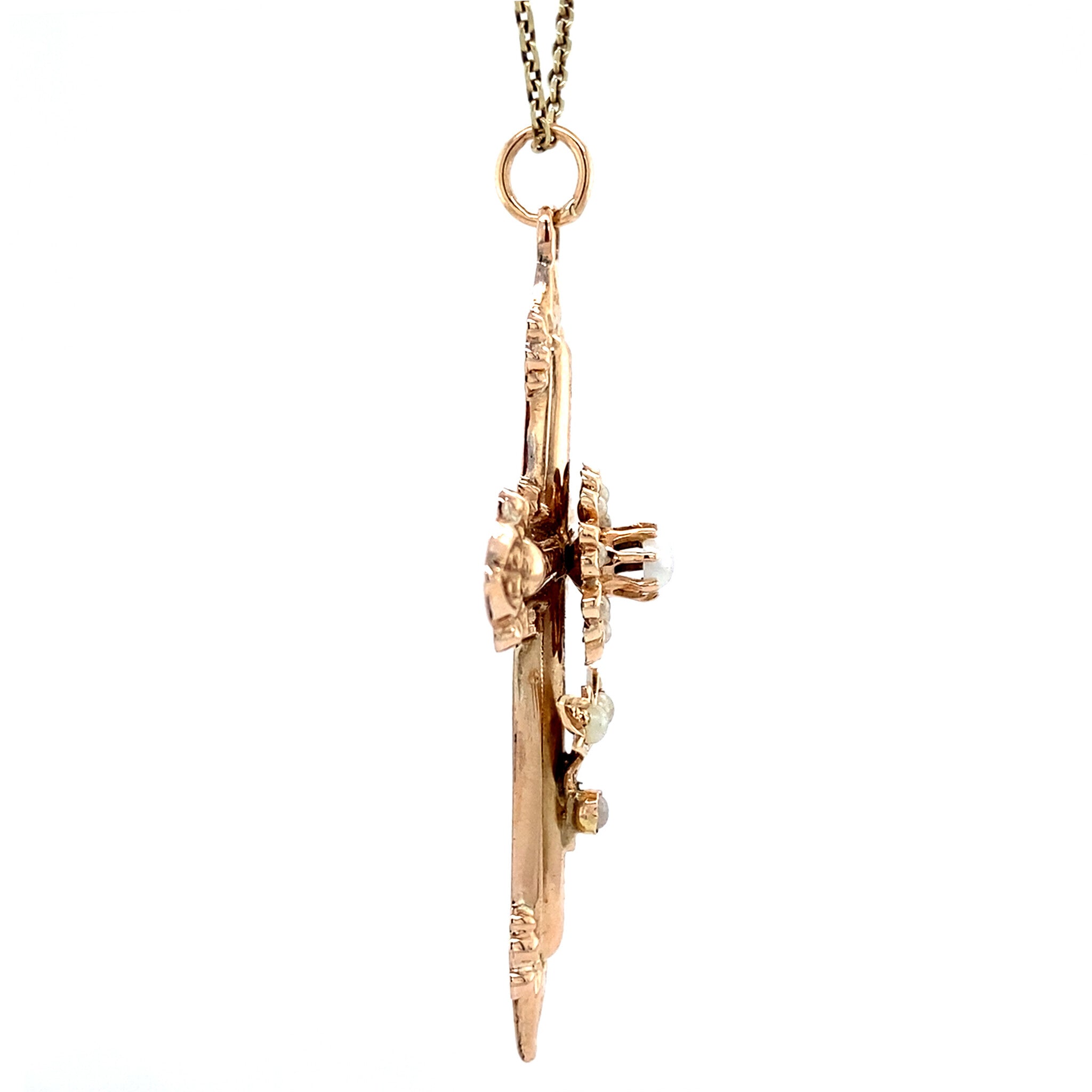 Roségouden vintage entourage kruis hanger met parel 14 krt