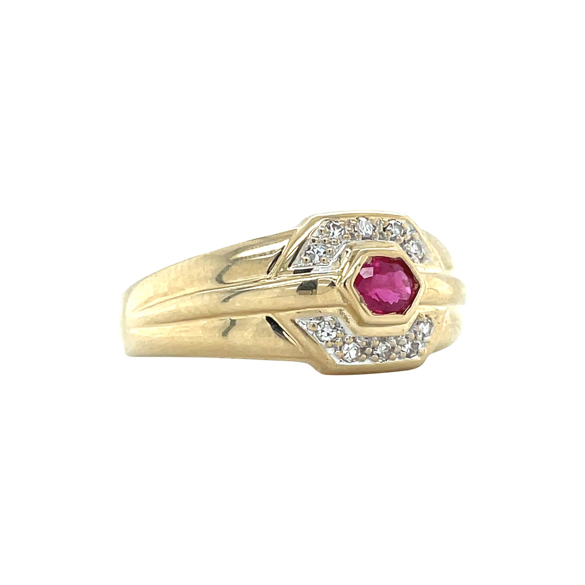Gouden vintage ring met robijn en diamant 14 kt