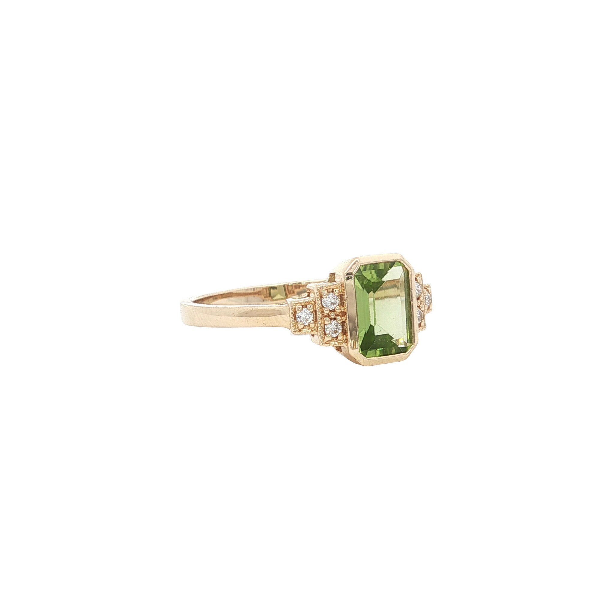 14 kt gold ring with peridot and diamond