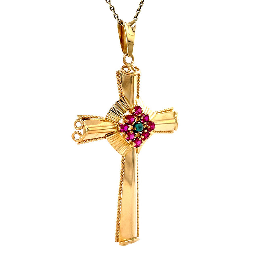 Vintage gold cross pendant with ruby and turquoise, 18 kt