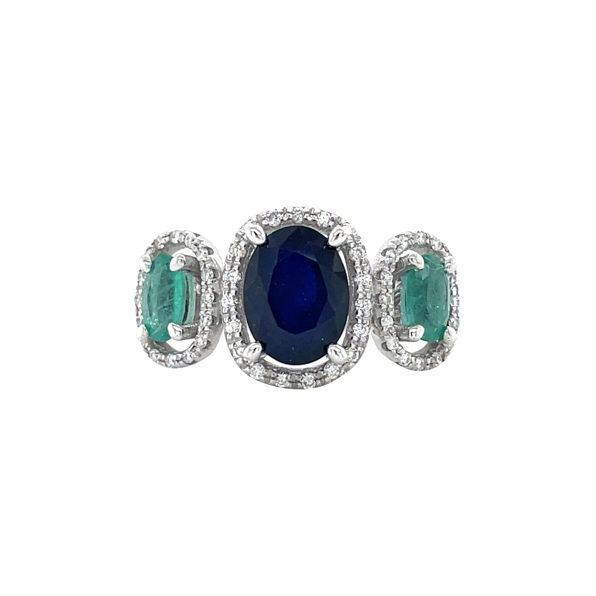 14 kt white gold vintage cluster ring with emerald, sapphire, and diamond