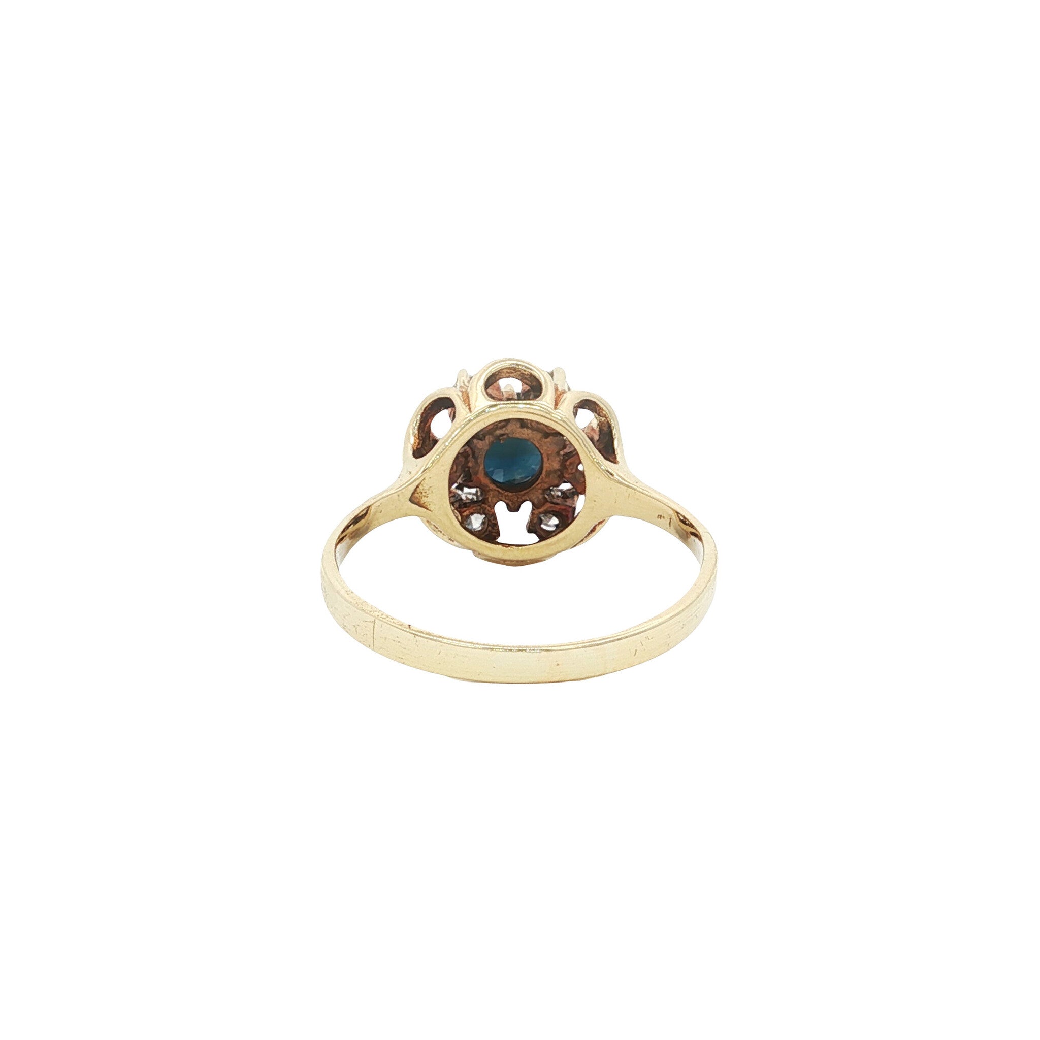 Gouden vintage entourage ring met saffier en diamant 14 kt