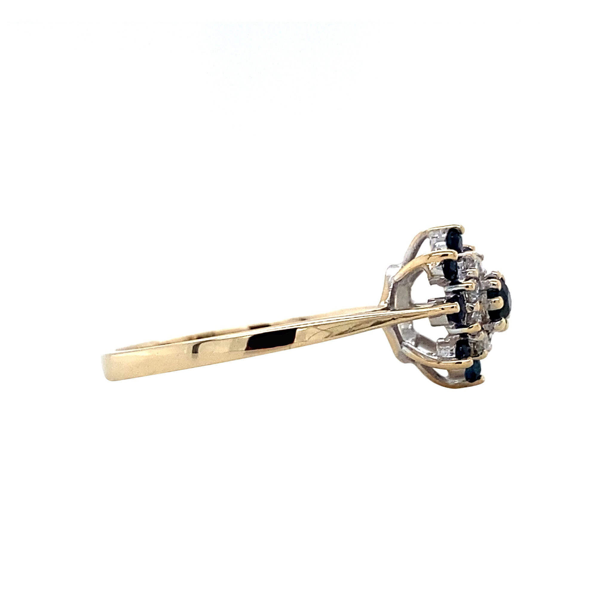 Gouden vintage entourage ring met saffier en diamant 14 krt