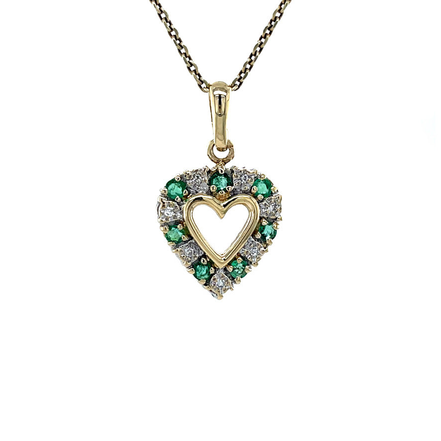 Vintage gold heart pendant with emerald and diamond, 14 kt