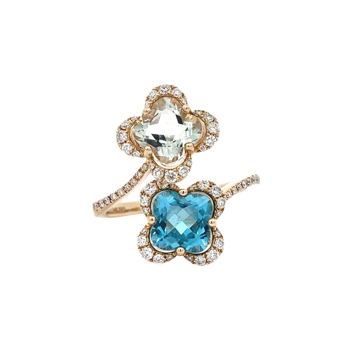 Gouden vintage entourage ring met topaas en prasioliet 14 kt